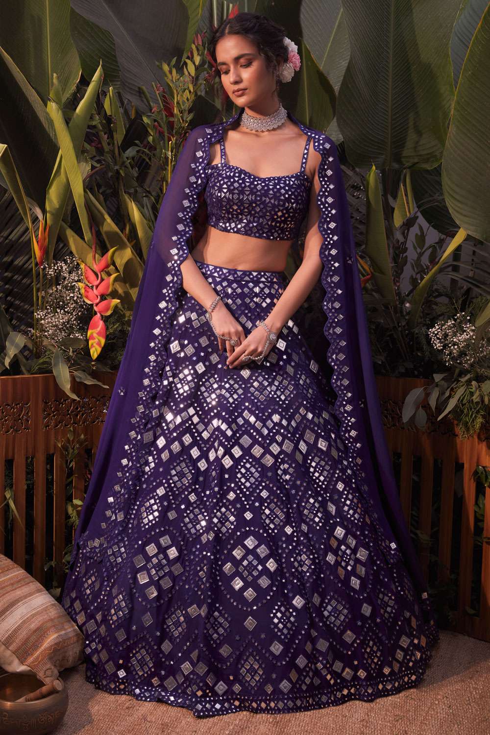 Buy Sunset Yellow Lehenga Choli With Floral And Leaf Cut Mirror Work Online  - Kalki Fashion