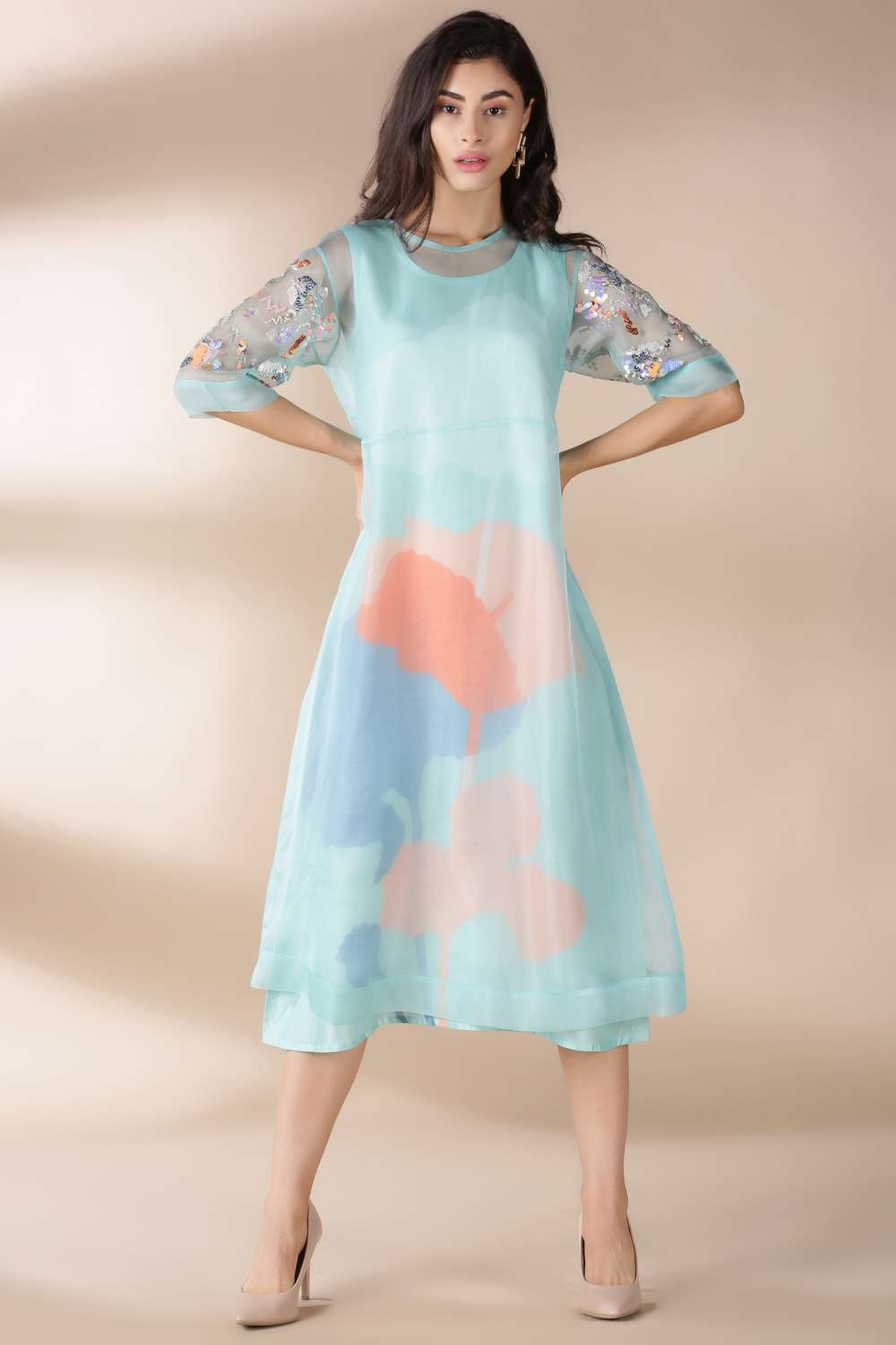Buy Blue organza A-line dress -Designer Wear - Ensemble