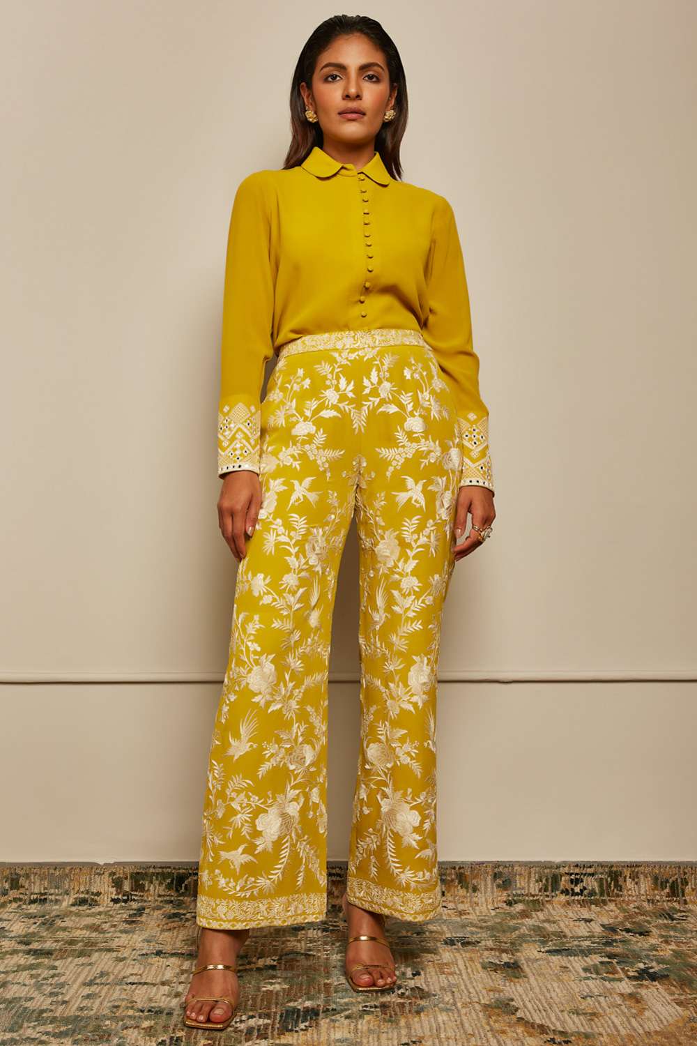 Buy Mustard yellow classic gara straight pants Designer Wear  Ensemble