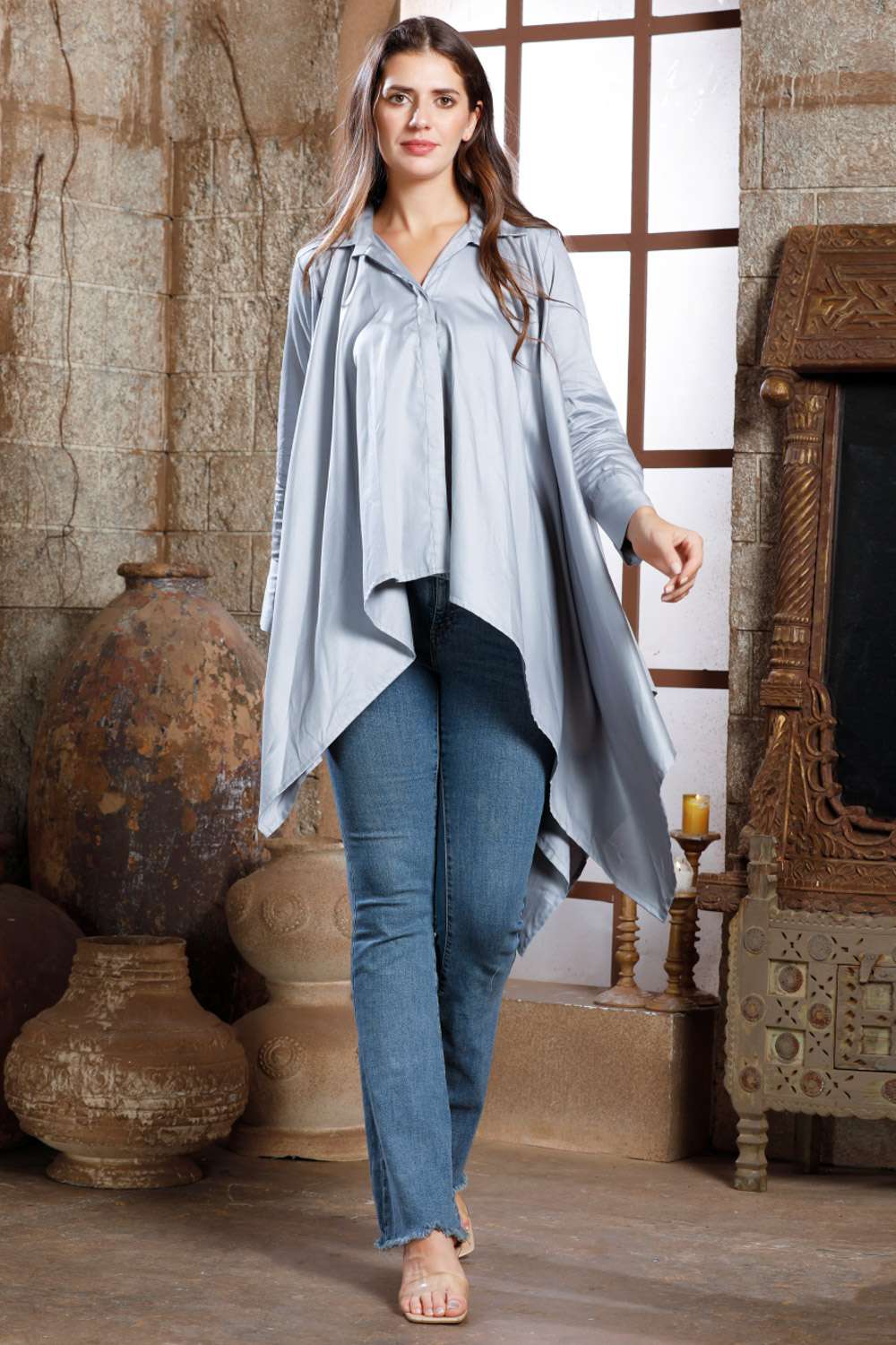 Buy Grey handkerchief hem shirt -Designer Wear Ensemble