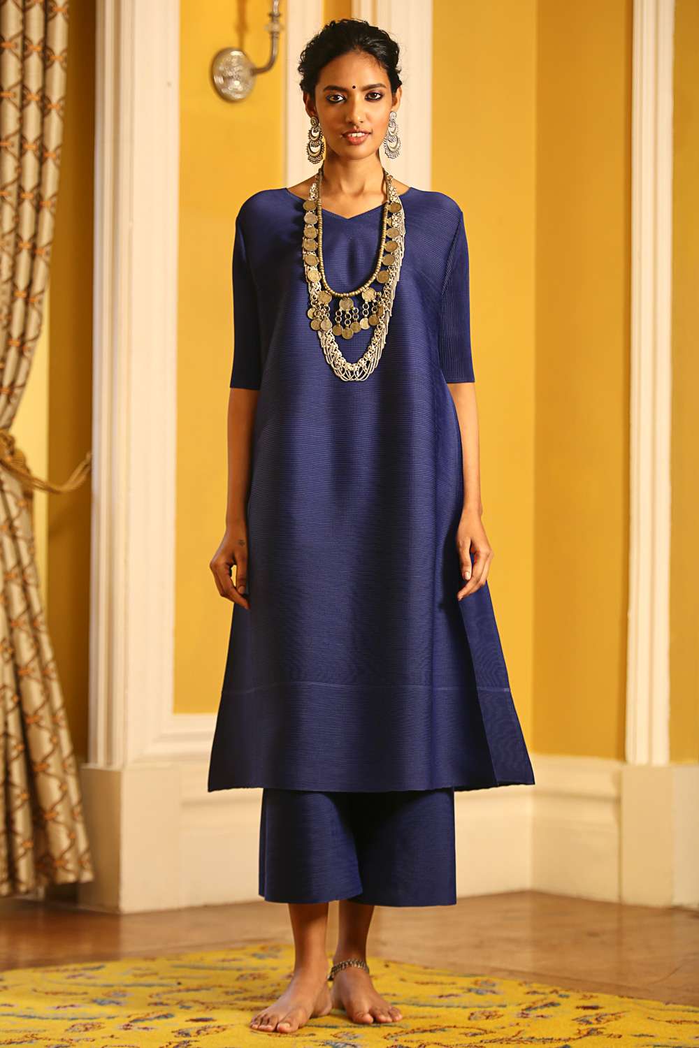 Noor Blue Straight Kurti with Golden Weaved Kalidar Palazzo and Sequen   anokherang