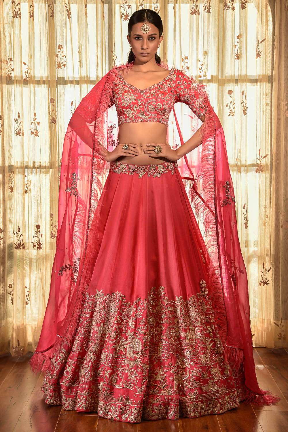 Pure Micro Velvet Bridal Lehenga In Red & Orange With Zardosi & Crystal  Stone Work - Lehenga