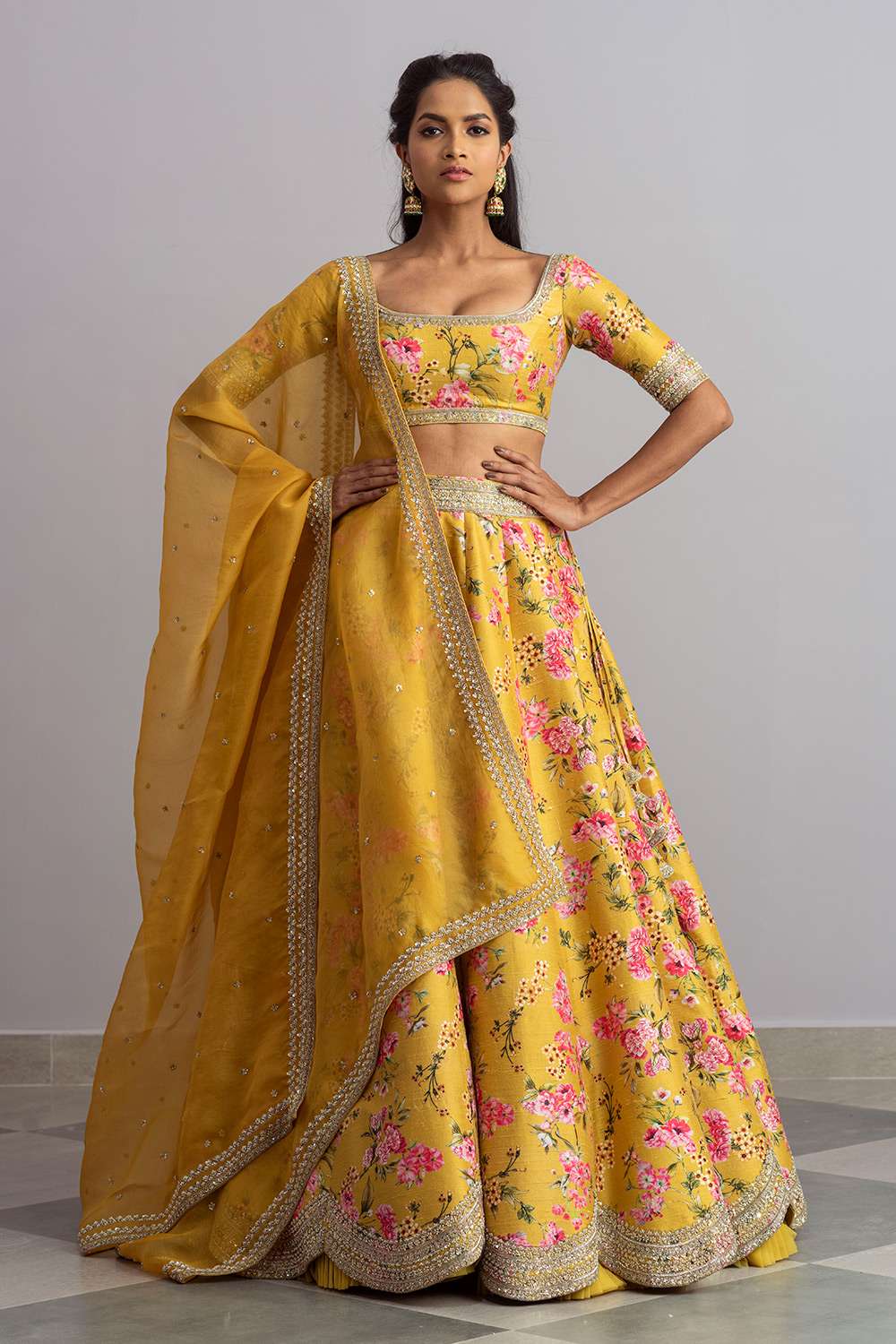 Green Blouse with Pink Lehenga and Yellow dupatta set – Megha and Jigar