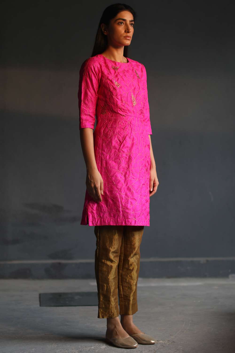 Buy Pink silk tunic  handloom gold tissue pants set Designer Wear   Ensemble