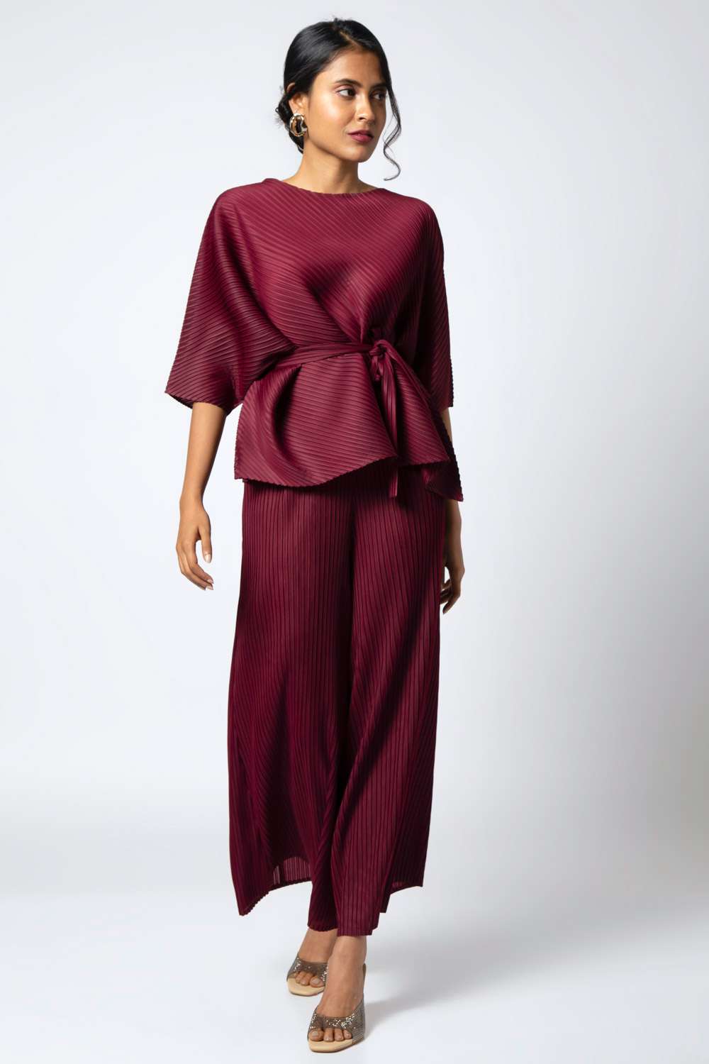 Buy Burgundy pleated co-ord set -Designer Wear - Ensemble