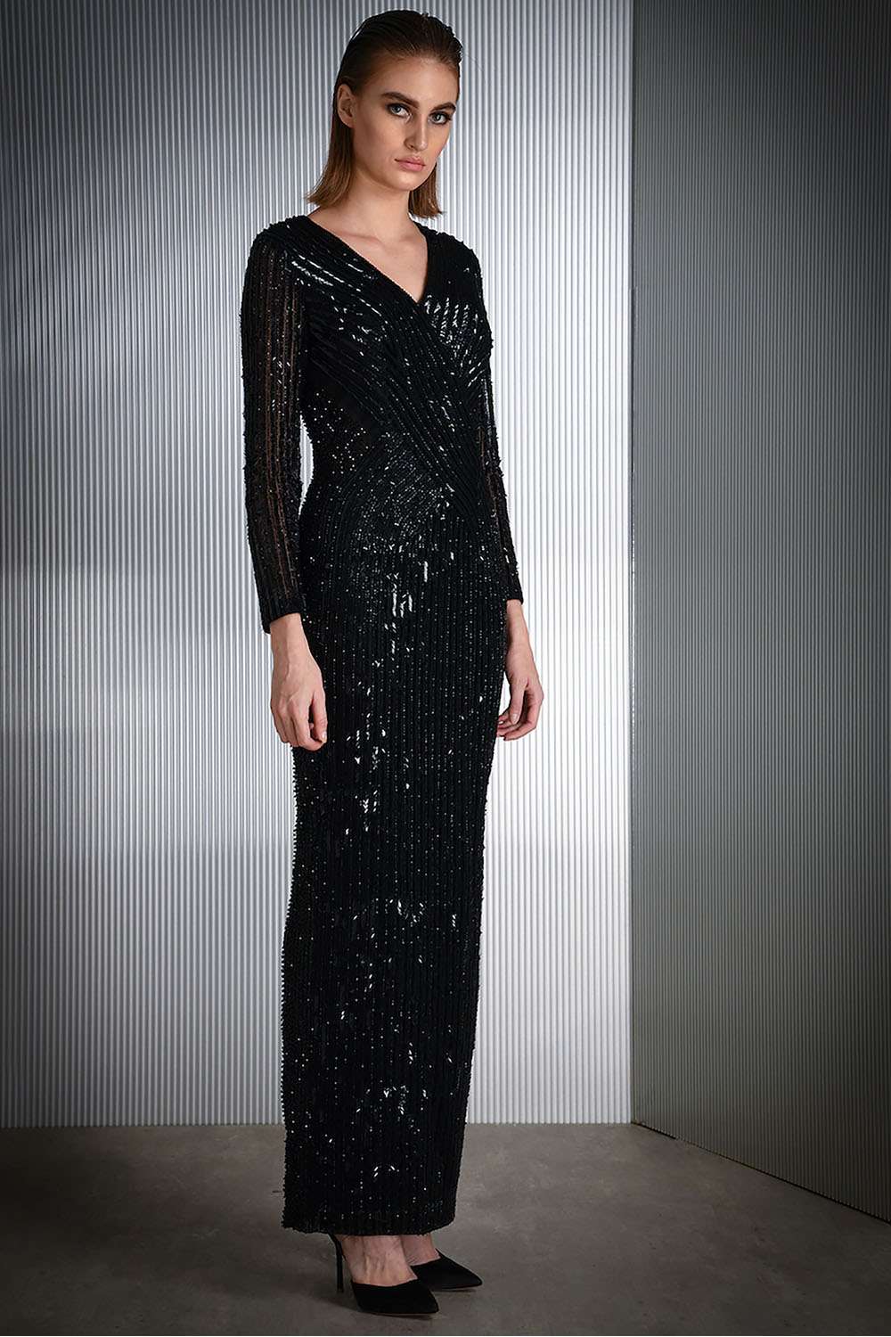 Black Georgette Sequins Gown Design by Sawan Gandhi at Pernias Pop Up Shop  2023