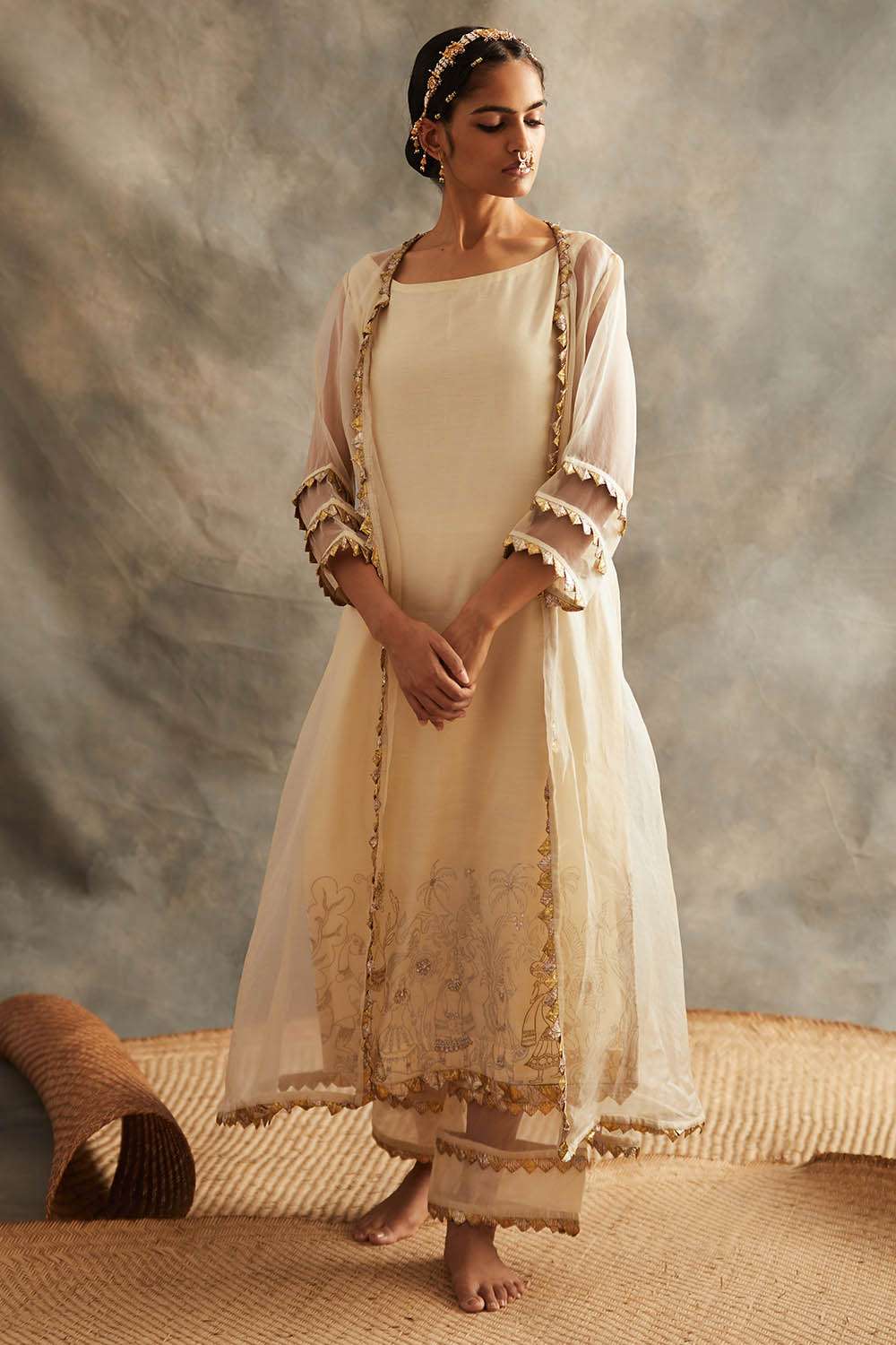 Premsetu Chanderi Foil Print Floor Touch Gown On Hand Work With Mirror With  34 Sleeve
