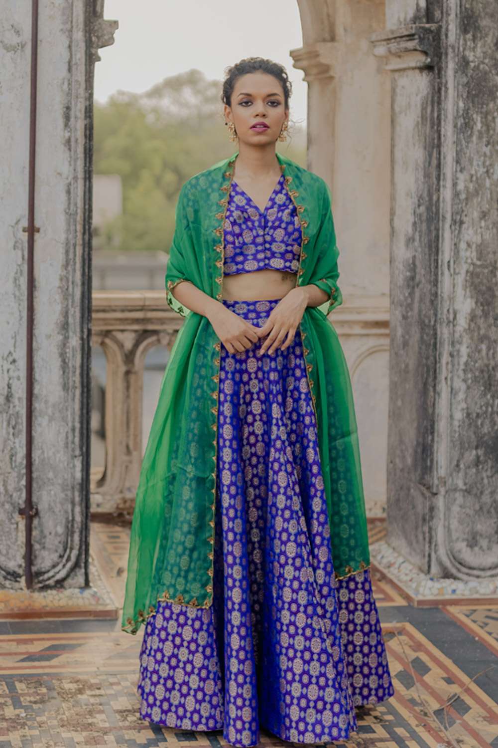 Green And Pink Brocade Lehenga - Mogra Designs
