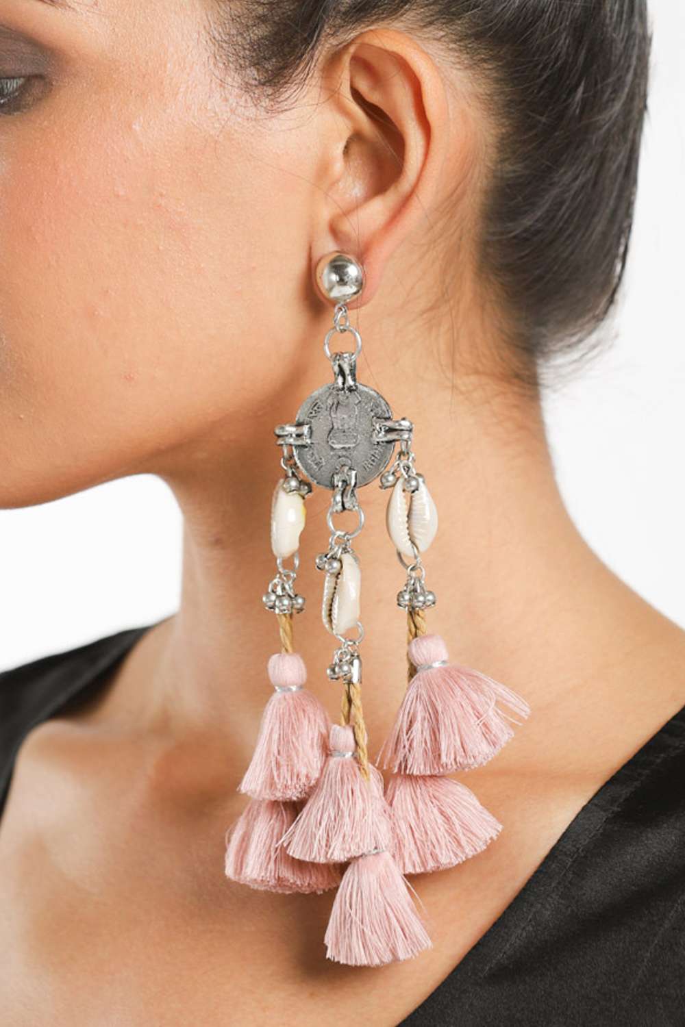 Buy Pink tassel  shell earrings Designer Wear  Ensemble