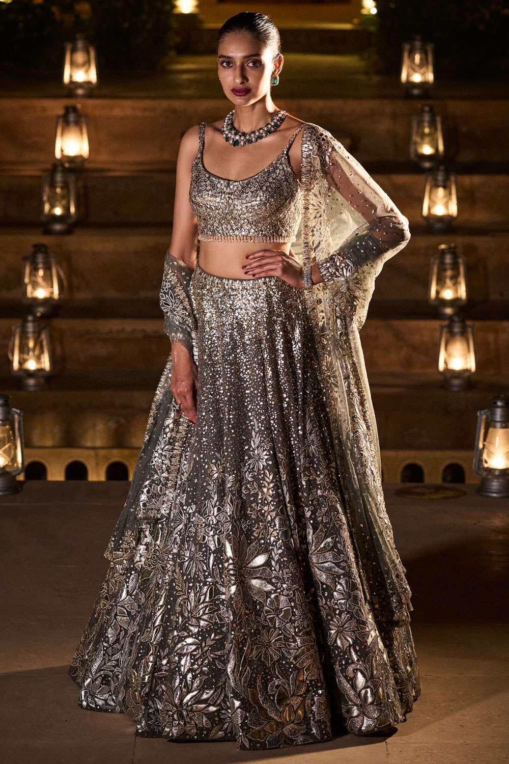 Buy Designer Dark Grey Color Net Fabric Lehenga Choli Online - LEHV2686 |  Appelle Fashion