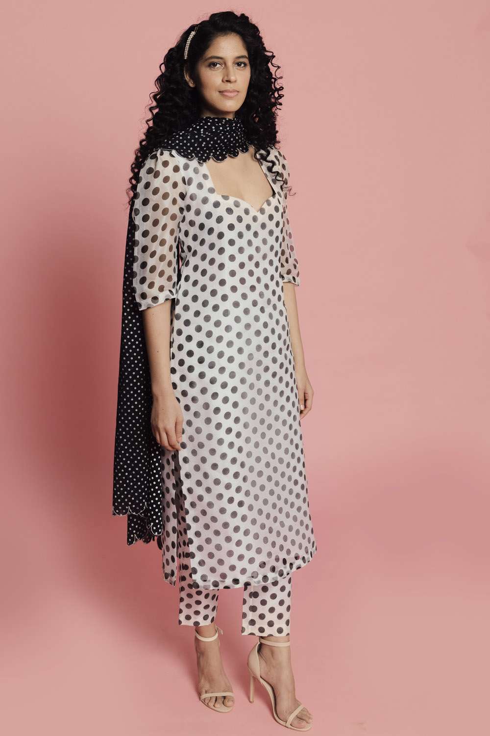 Mogra Black Polka Dot Hand Block Printed Fit and Flare Cotton Kurti  Polka  dot summer dresses Designer summer dresses Printed summer dresses