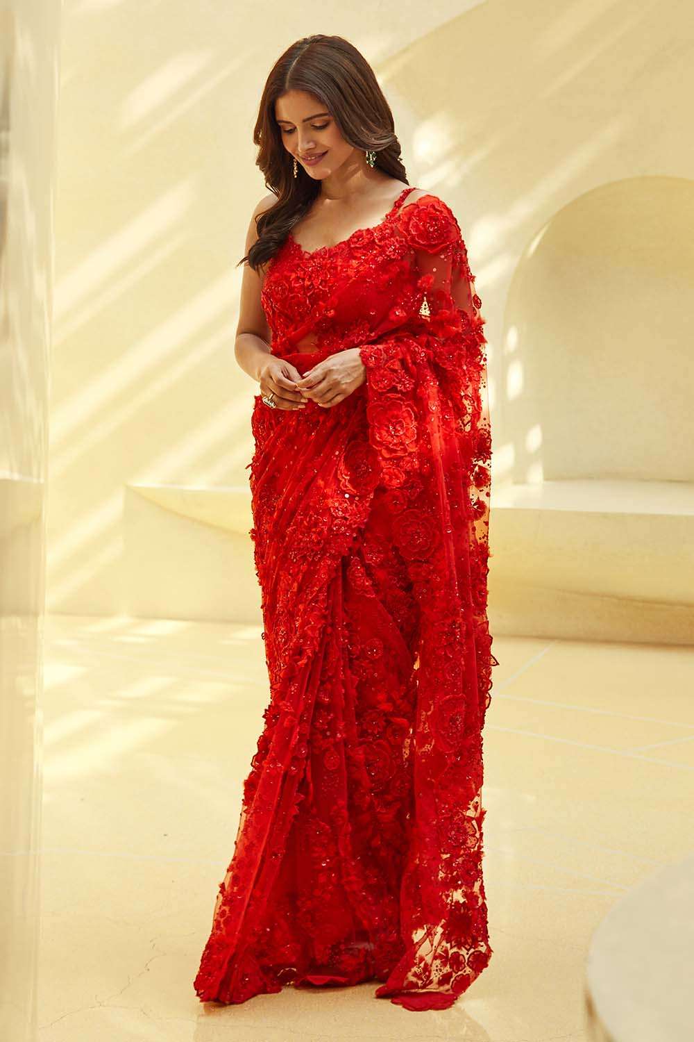 Buy Ruby Red Floral Saree by SEEMA GUJRAL at Ogaan Online Shopping Site