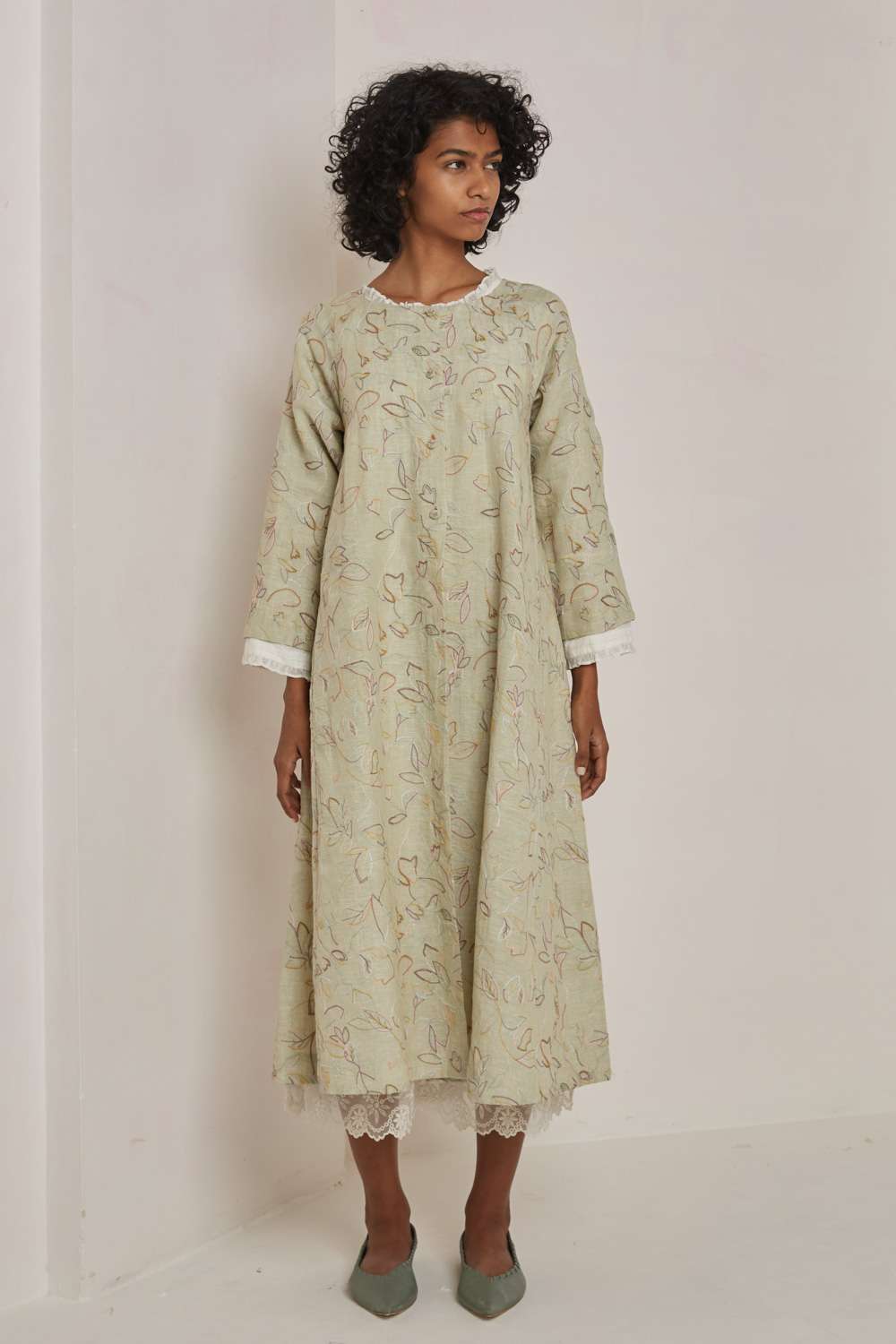 Buy Dull green linen dress -Designer Wear - Ensemble