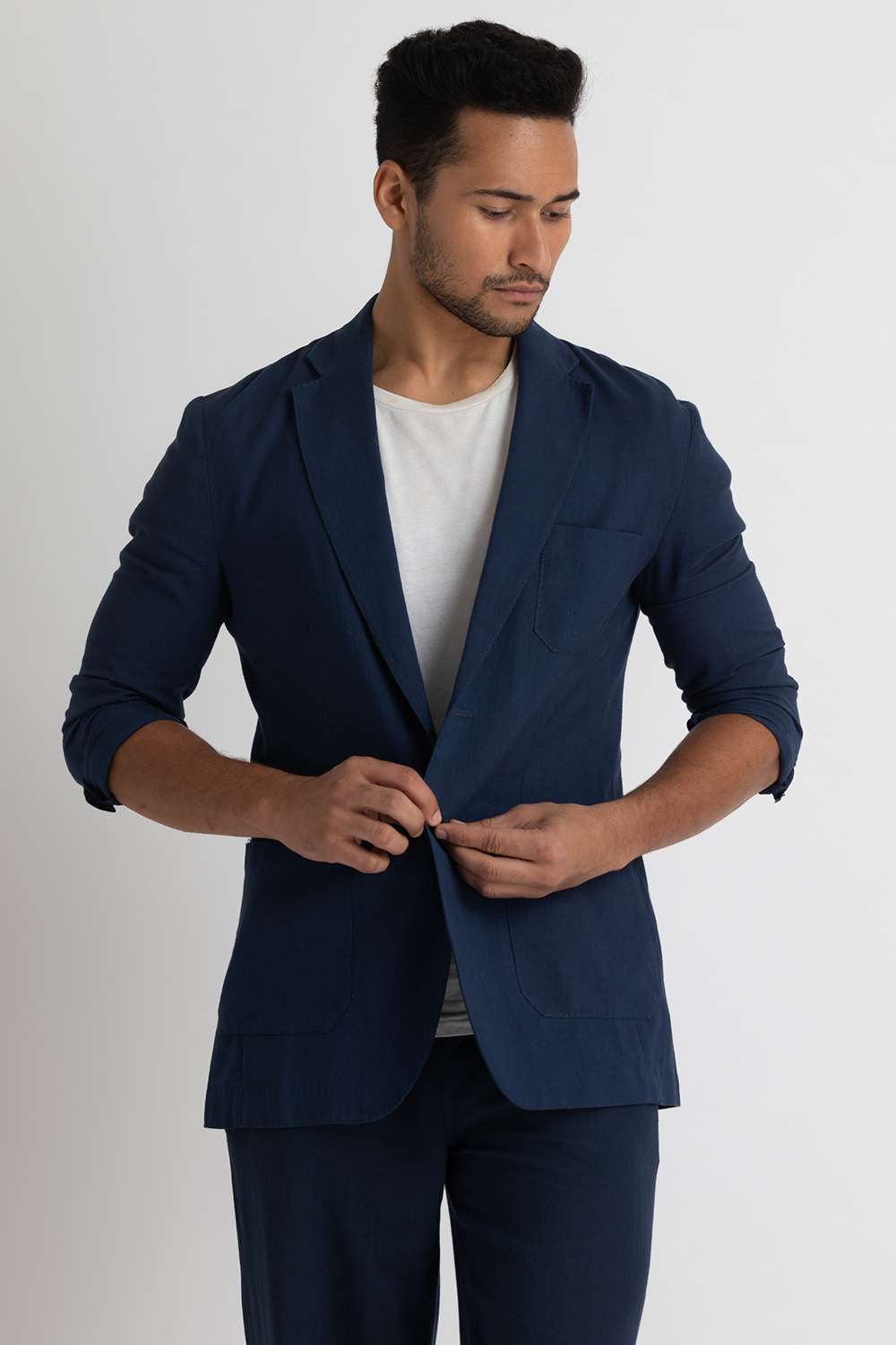 blazer with light blue pants