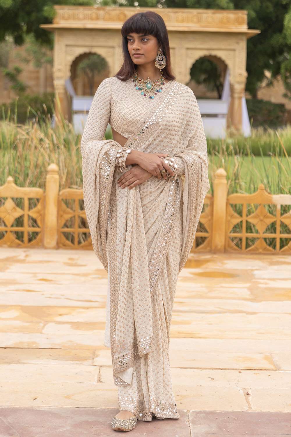 Buy Arpita Mehta Soft Beige Blouse & Sari- Georgette Saris
