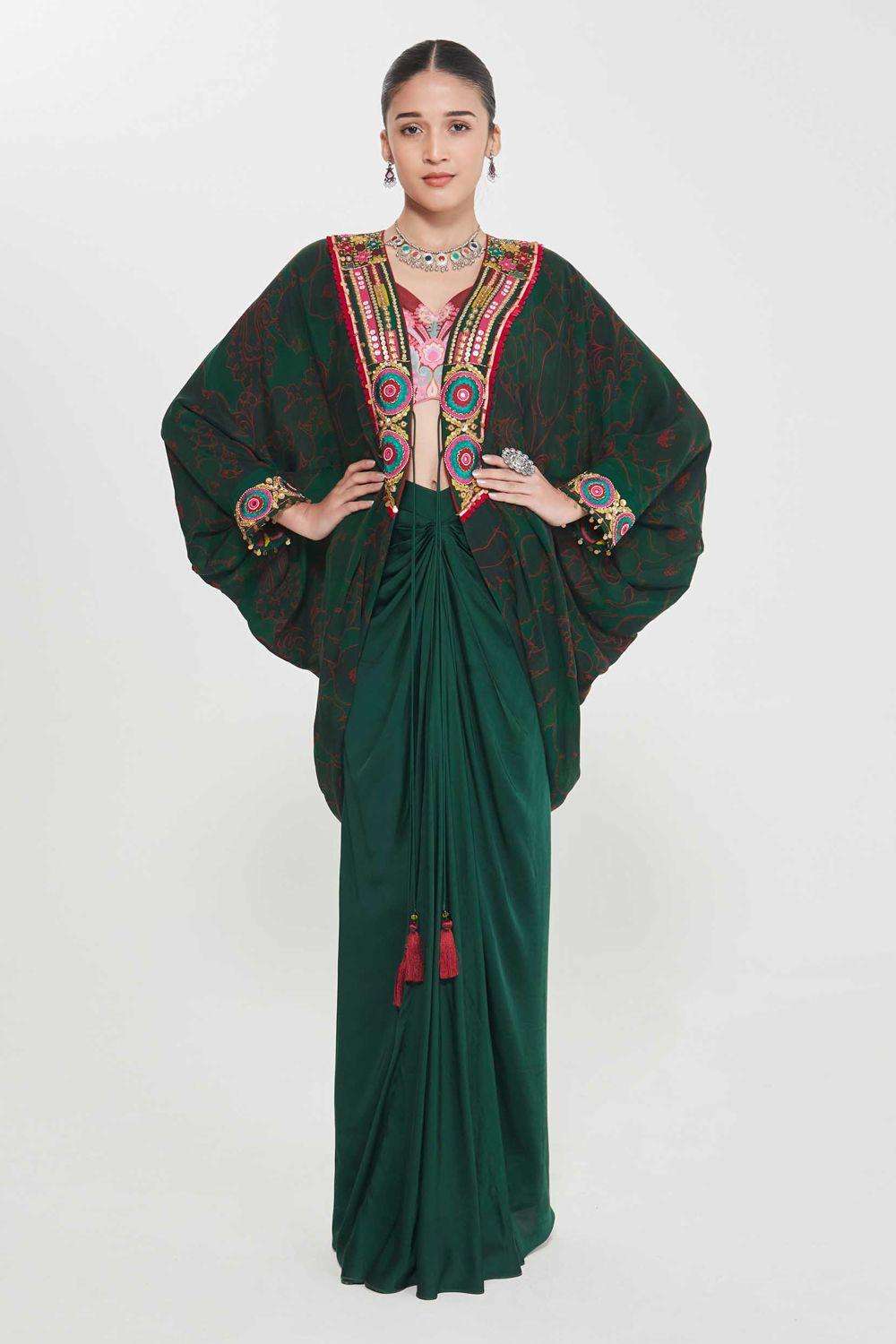 Buy Siddhartha Bansal Soft Green Shrug- Crepe Blouse- Linen Satin