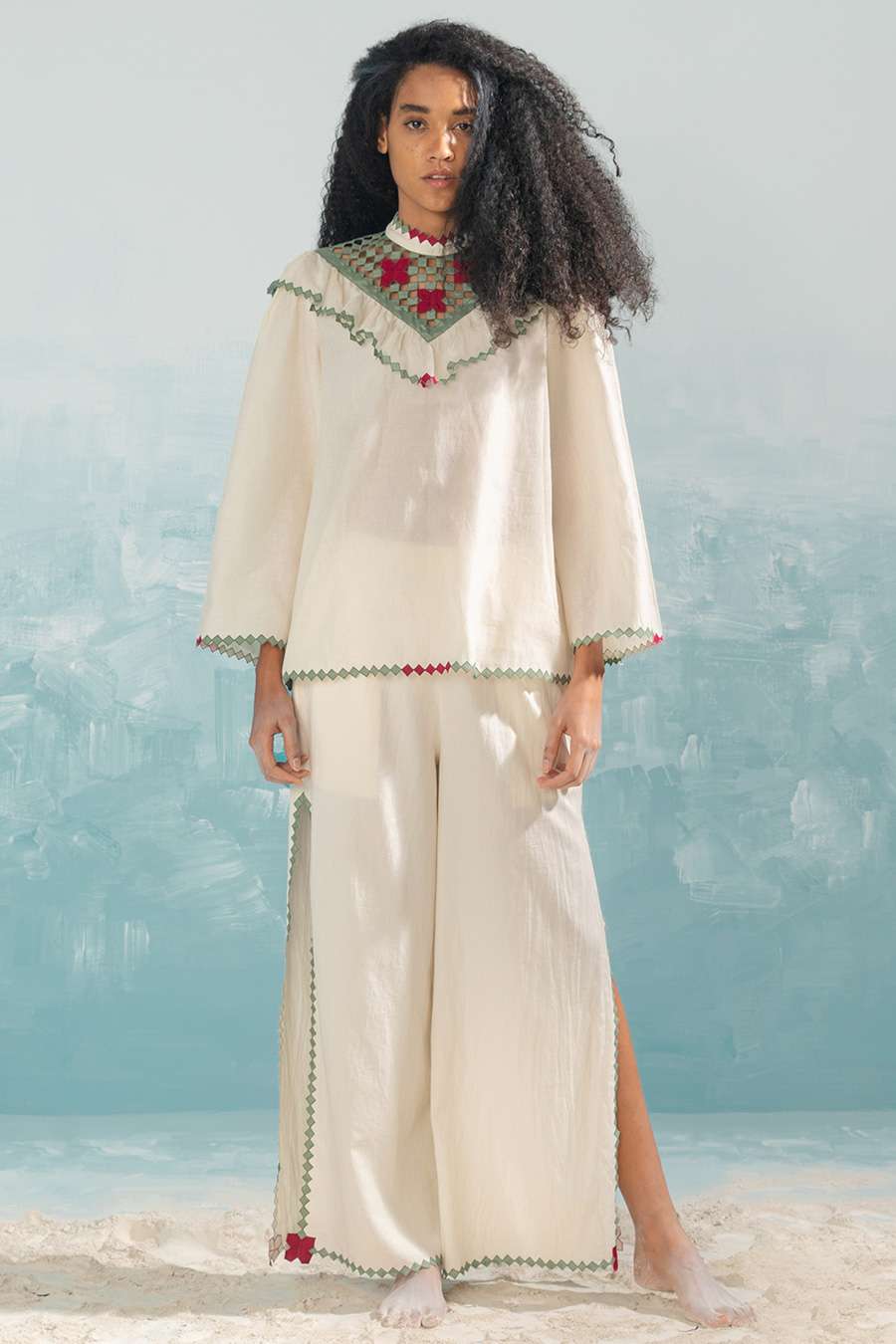 Buy Ikai Soft Ivory Cotton Silk Chanderi Hand-Cut Applique And