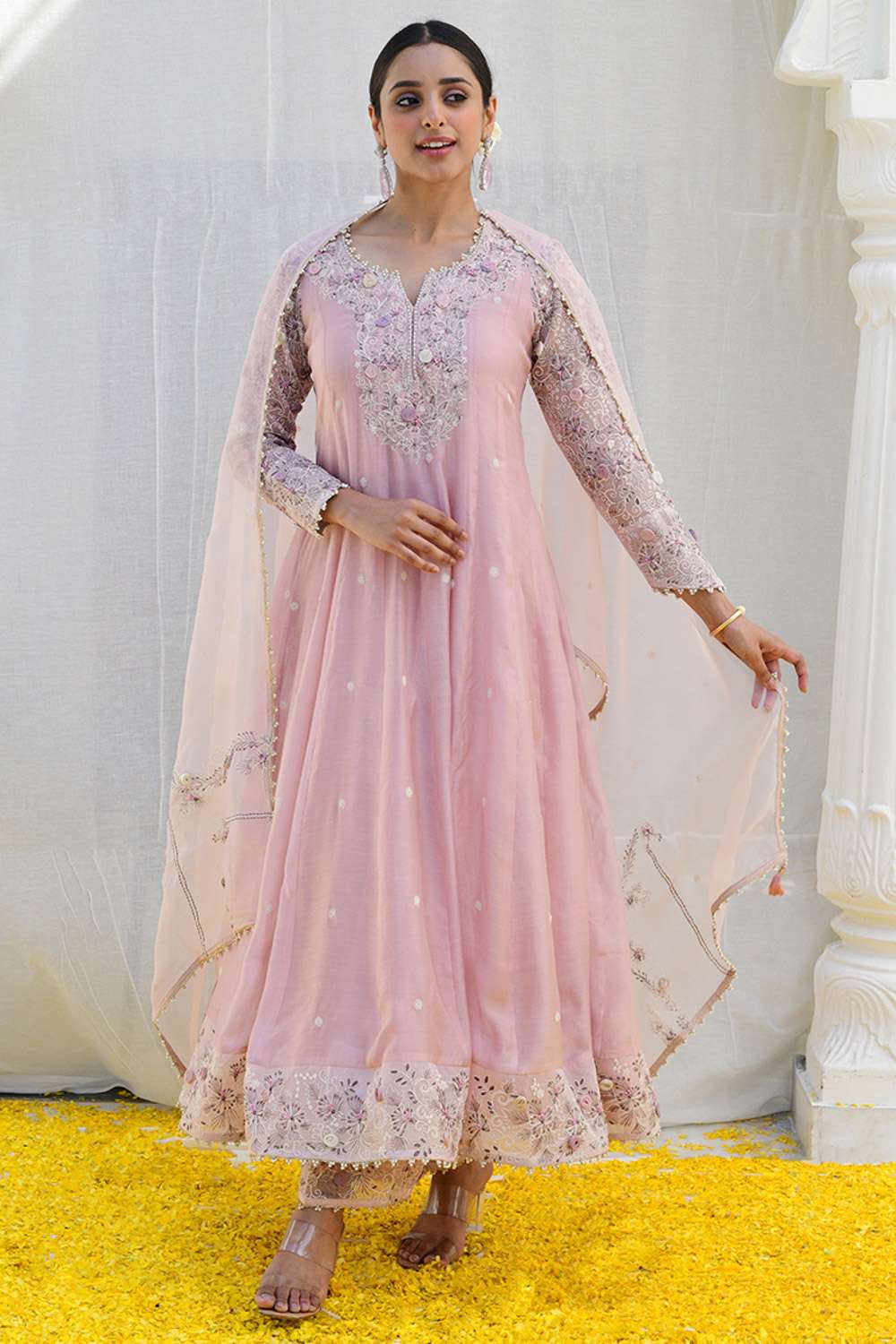 Pink floral embellished anarkali set