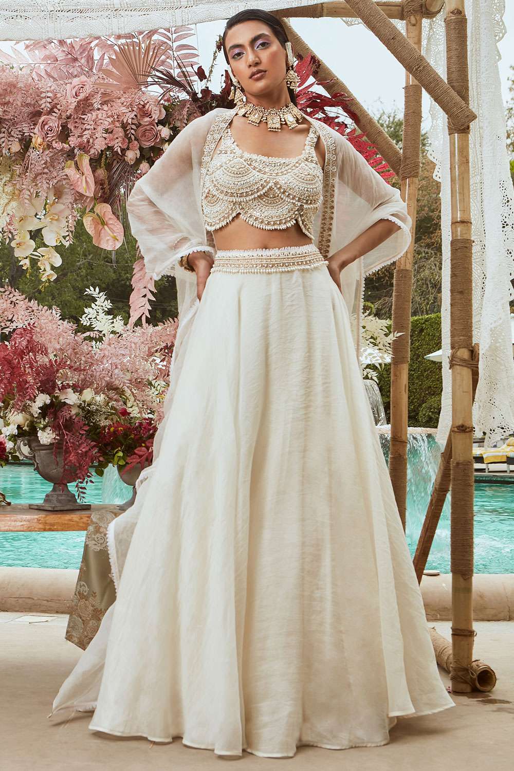 Dark-Green Net Lehenga Choli With Laddi-Mughal Motif Embellished Thread- Pearl Work And Scalloped Dupatta | Exotic India Art