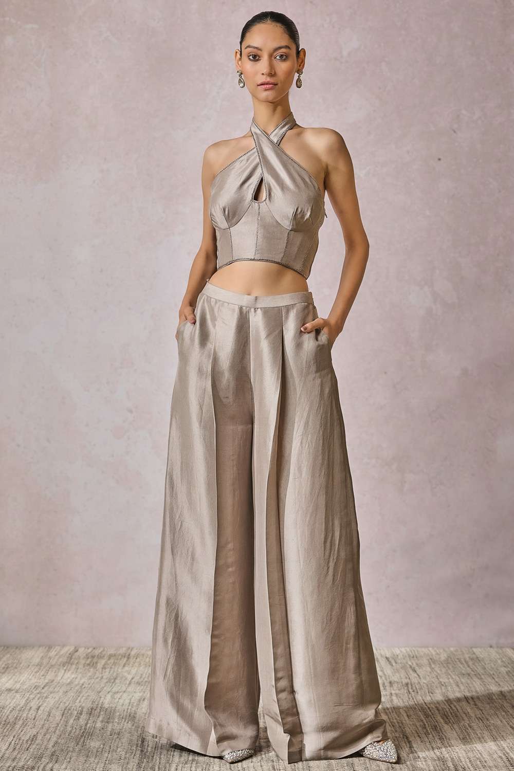 Buy Tarun Tahiliani Soft Silver Corset : Tulle/Trousers : silk