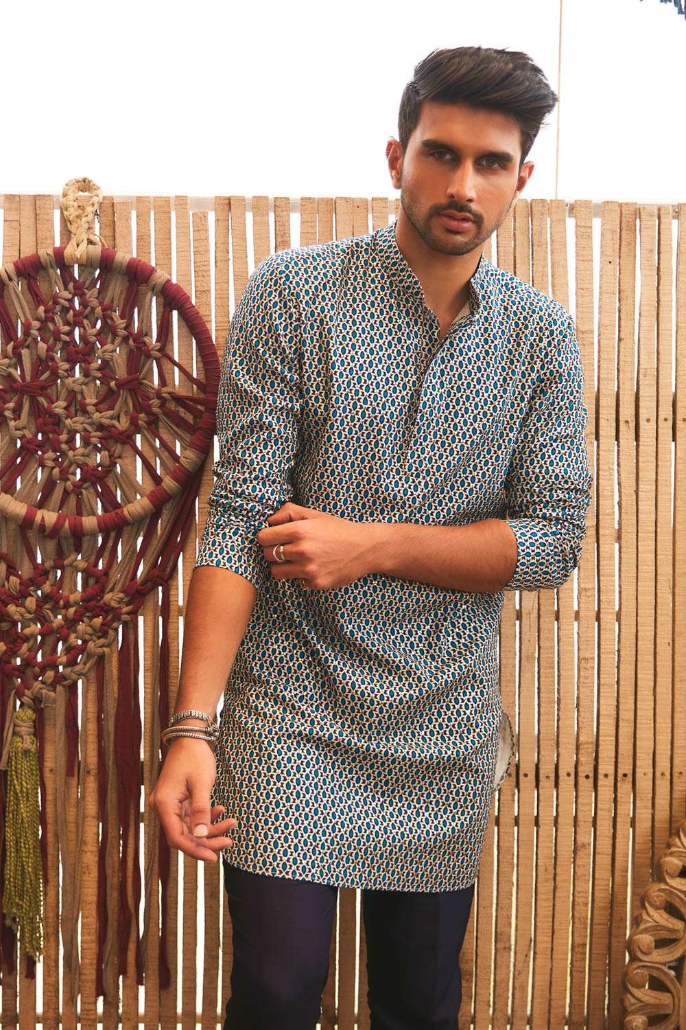 Rich Blue Geometric Print Kurta Set