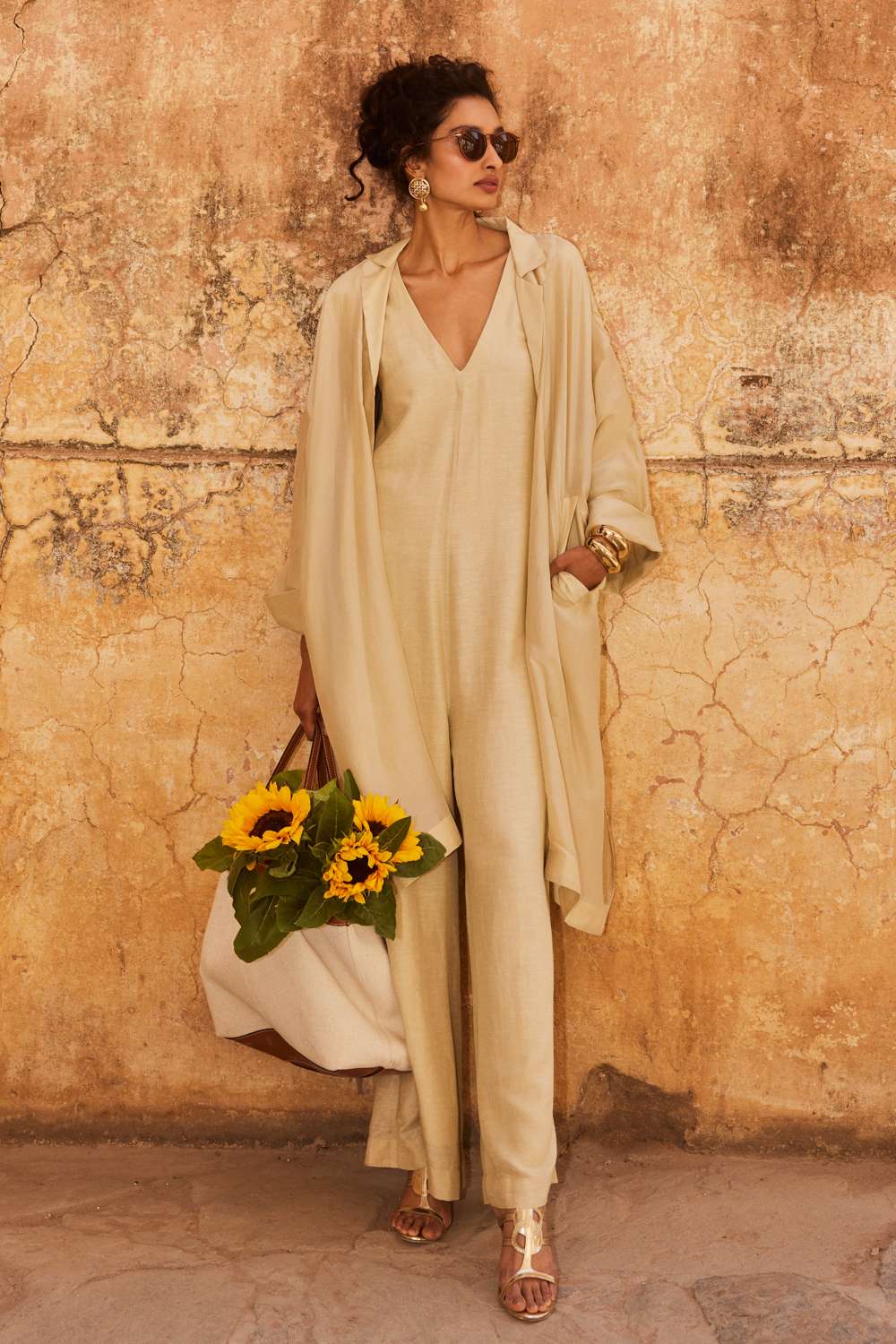 LEINWANDE 】Belted Linen Jump Suits LEINWANDE/tweed belted