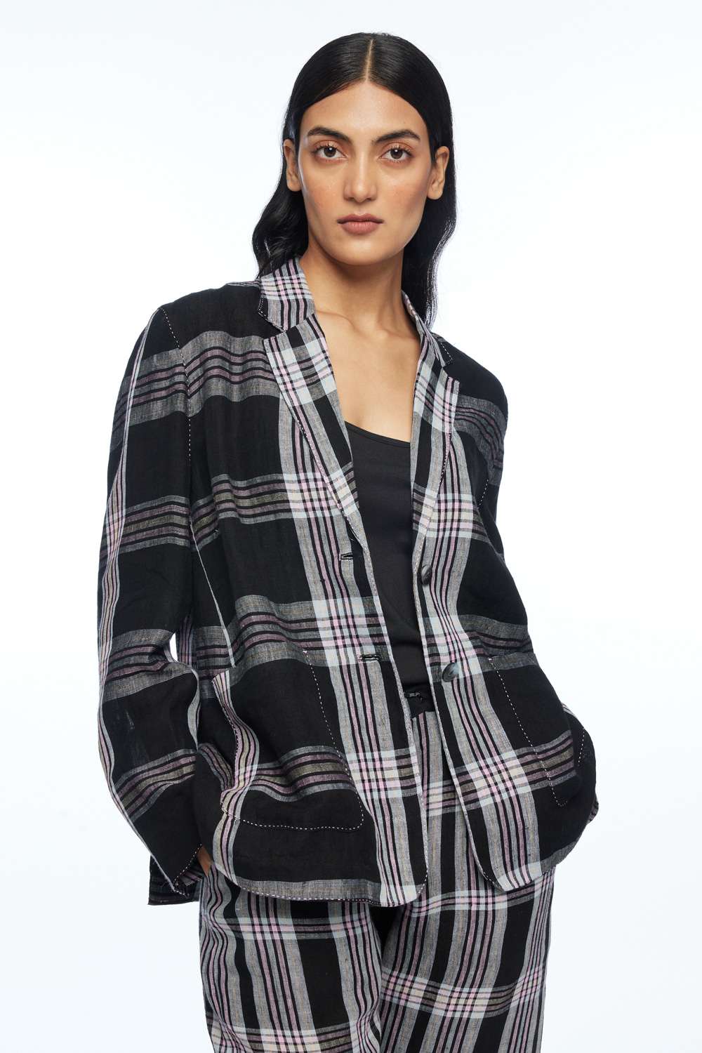 Black Linen Checked Short Jacket