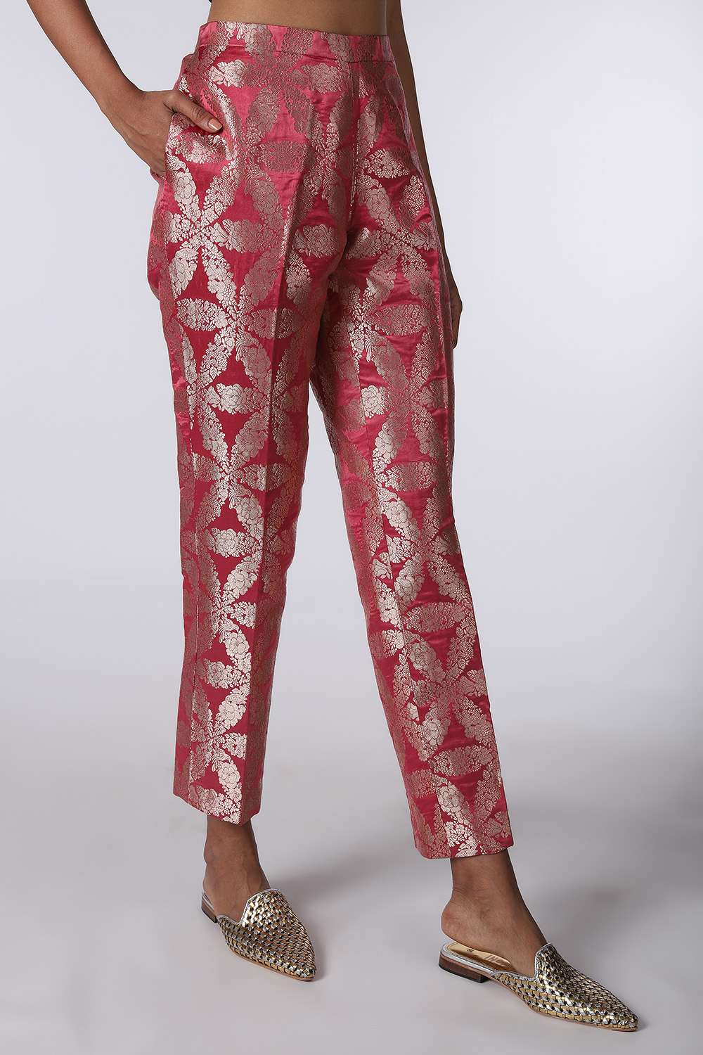 Amusing Women Pink  GoldToned Woven Design Brocade Kurta with Trousers   Dupatta Inddusin