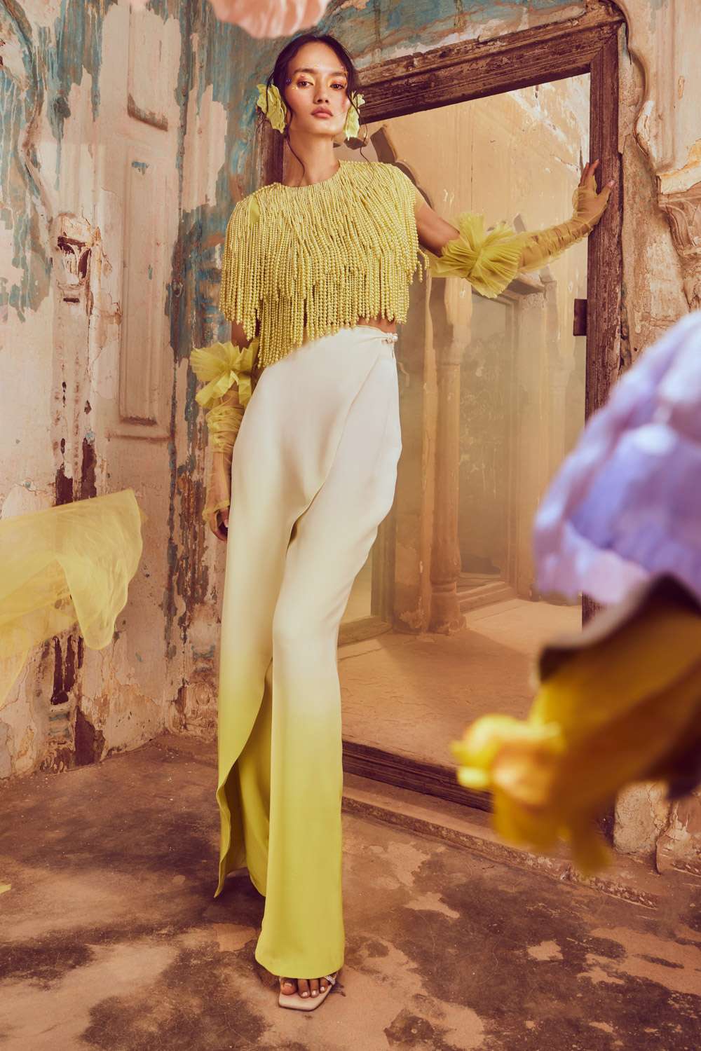Buy Shriya Som Soft Green tulle Hand Embroidered Tops