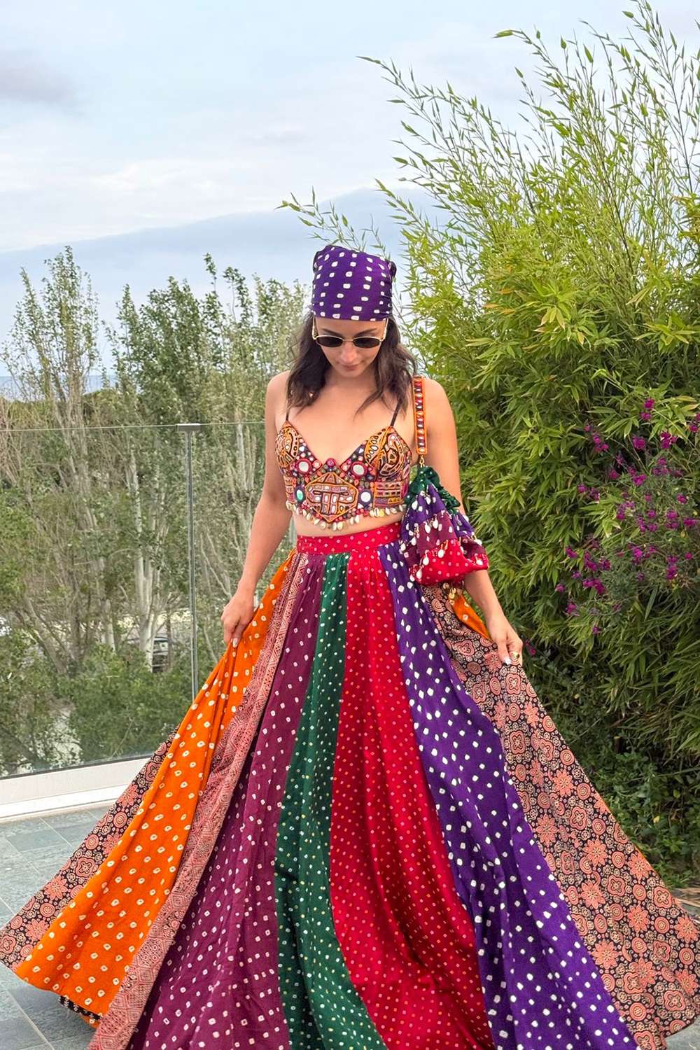 Multicolor Silk Bandhani & Mirror Skirt Set