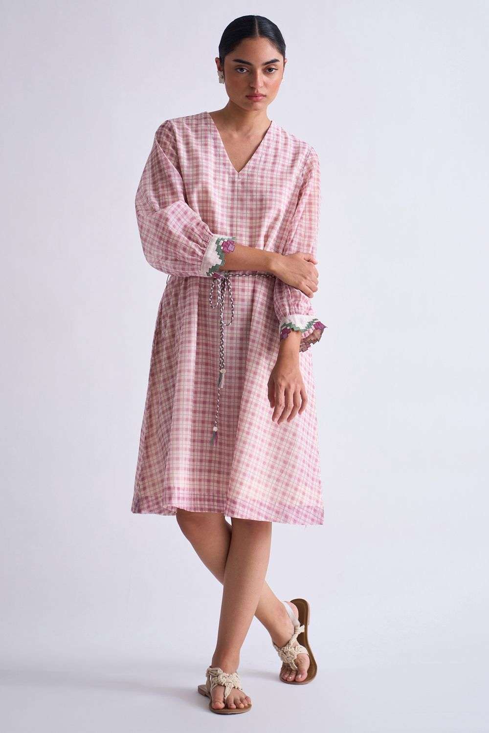 Lilac cotton silk chequered circular dress