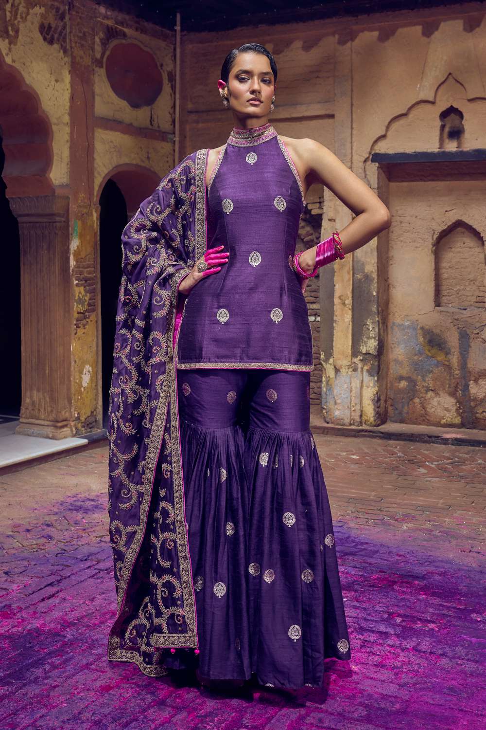 Buy Purple Banarsi Silk Zardozi Mughal Gharara Set -Designer Wear