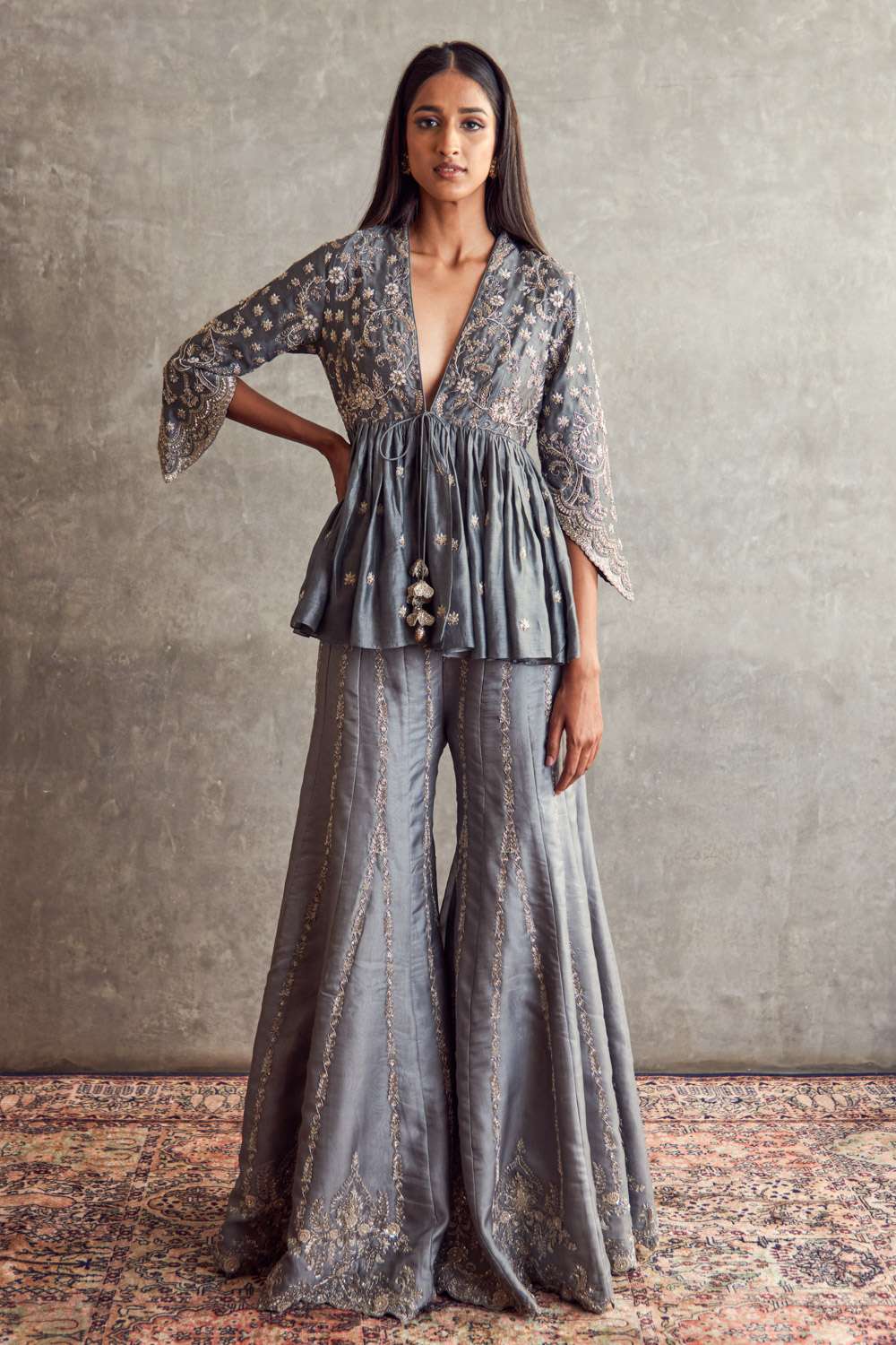 Buy Jayanti Reddy Soft Grey Silk Zardozi Sharara Sets