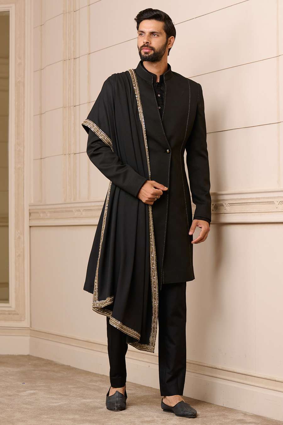 Black zardosi embroidered sherwani set