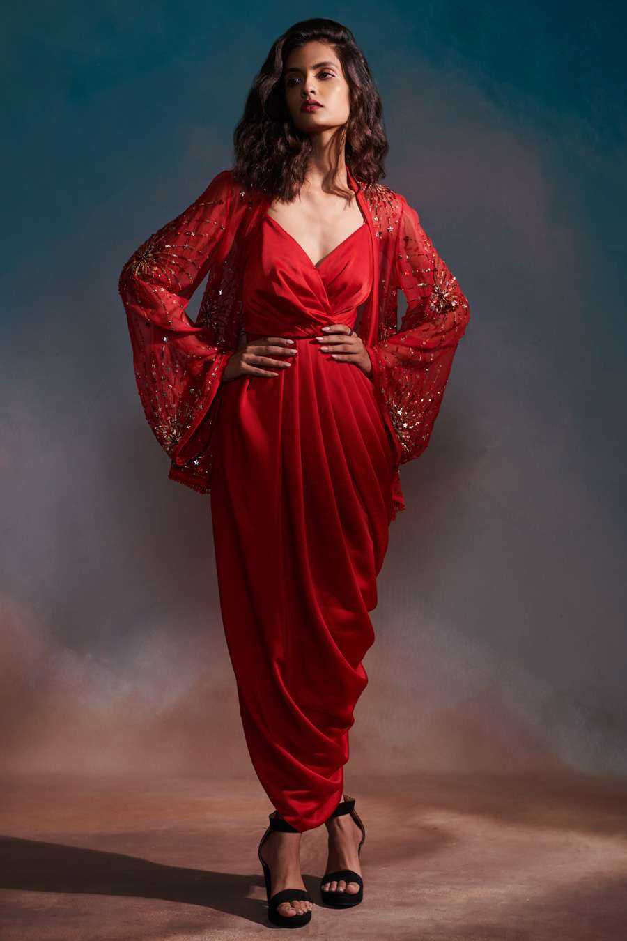 Red embellished jacket dress set