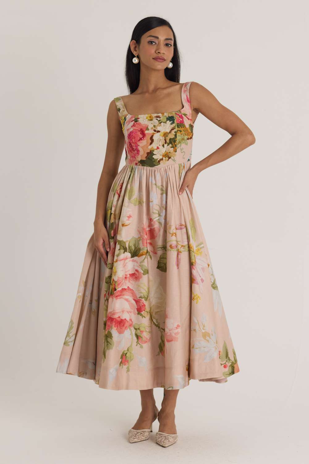 ワンピース Floral Pleated Satin Cami Dress 8425yam32-1.jpg