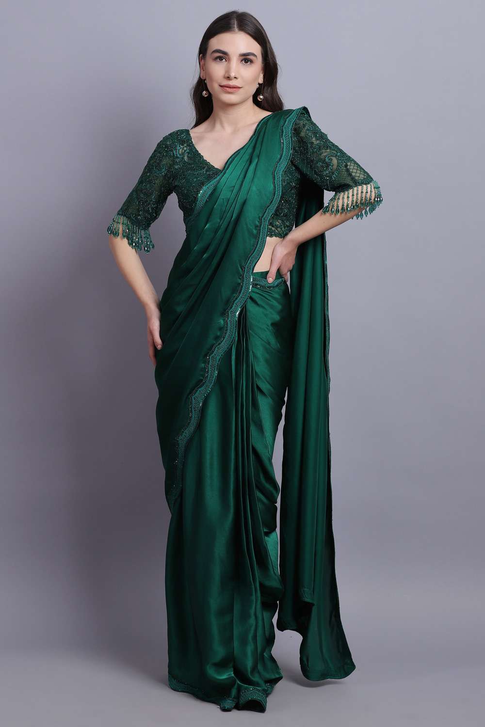Dark Green Organza Saree With Embroidered Blouse Material, image size:1000x1500