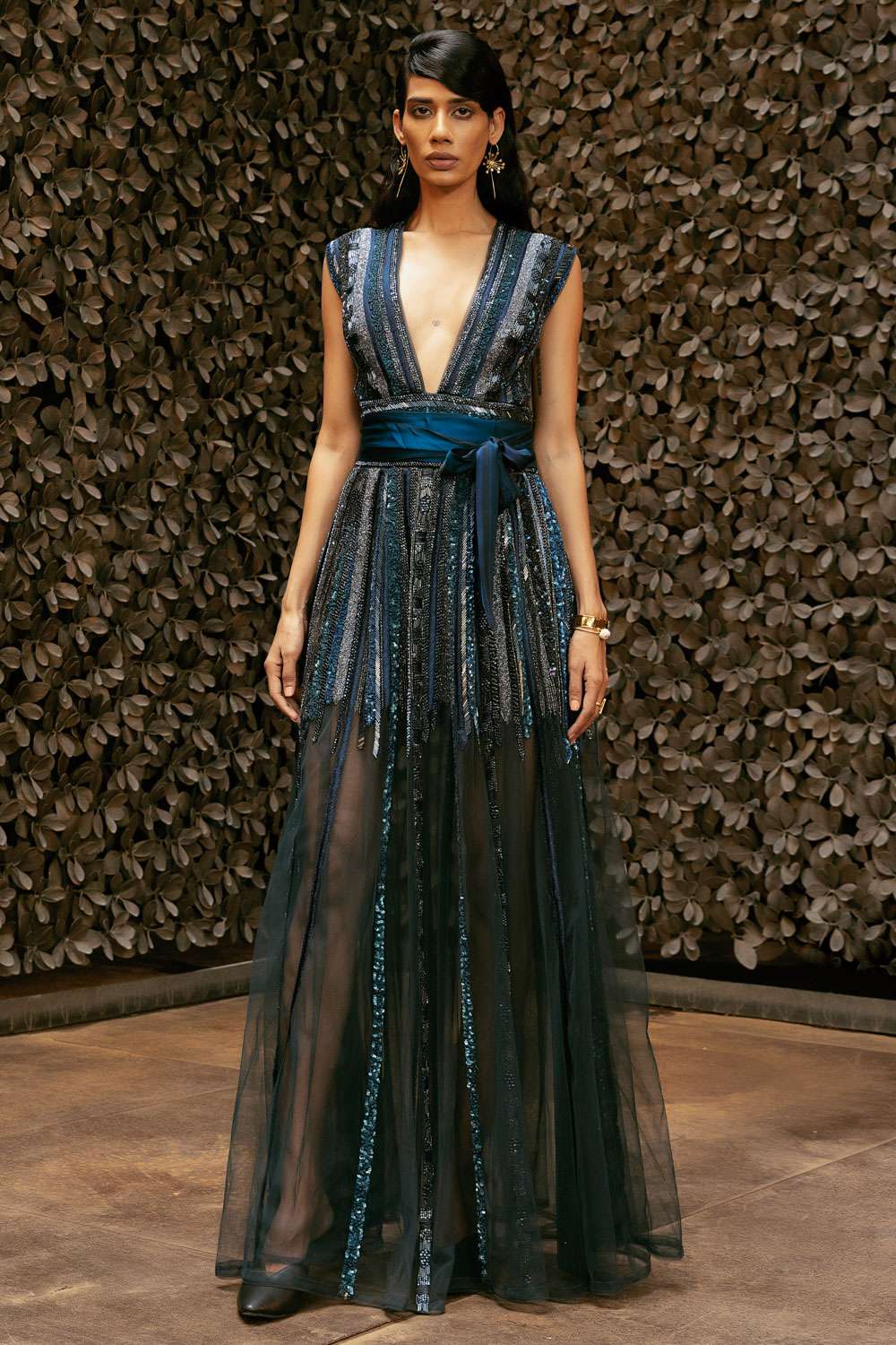 Buy Nikita Mhaisalkar Soft Blue Tulle Hand baroque in metallic