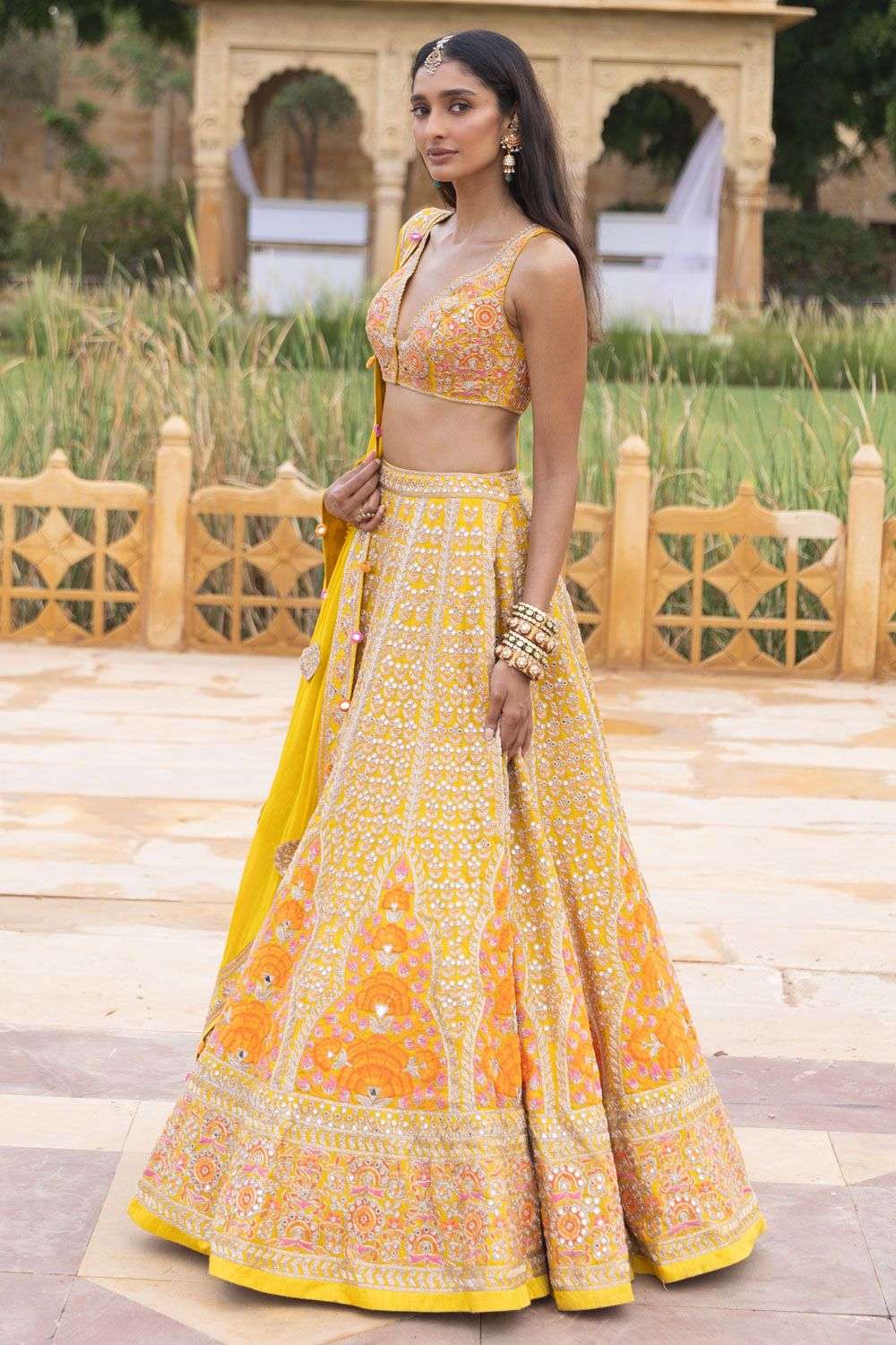 Yellow mirror embellished lehenga set