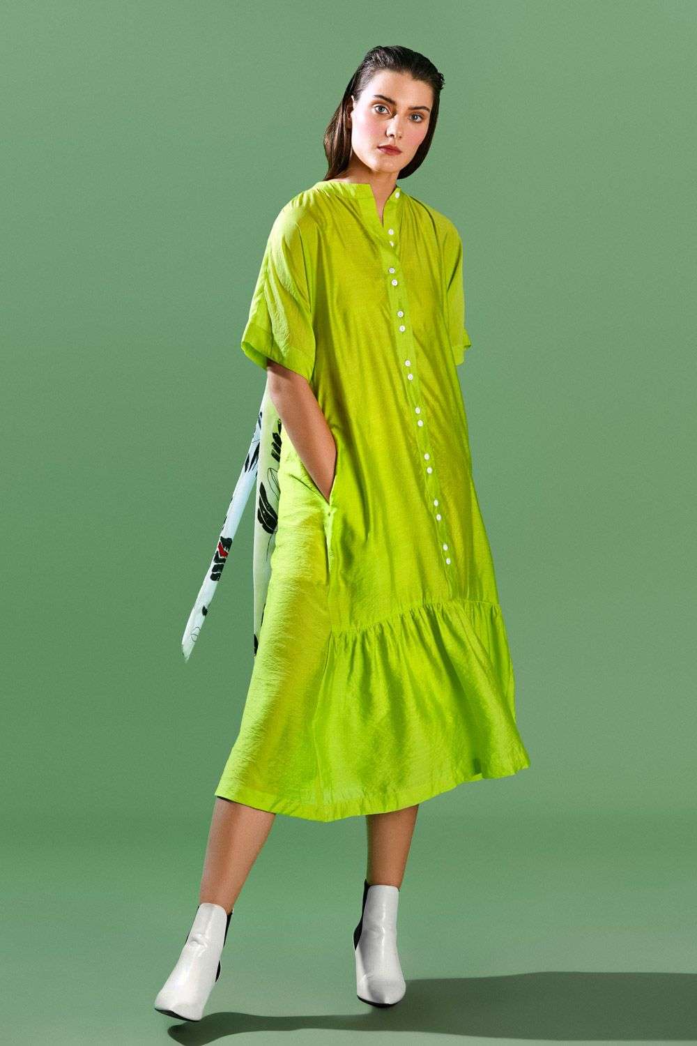 Lime green midi dress with sash tie
