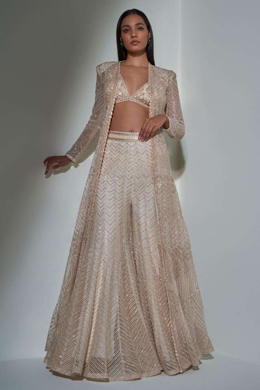 Buy Ritika Mirchandani Soft Gold Net, Crepe, Double Georgette Bead