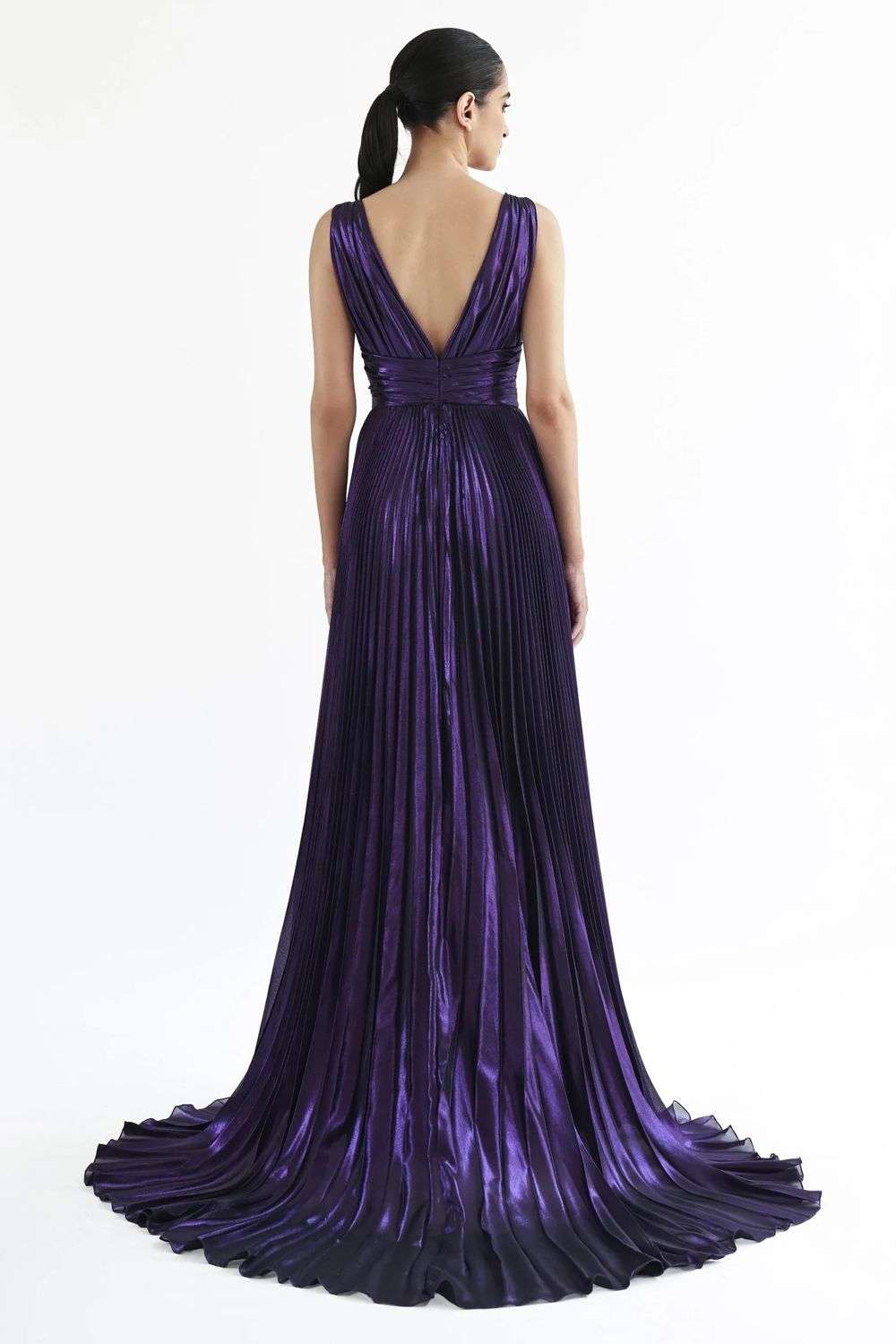 Purple Plunge Neck Plisse Gown