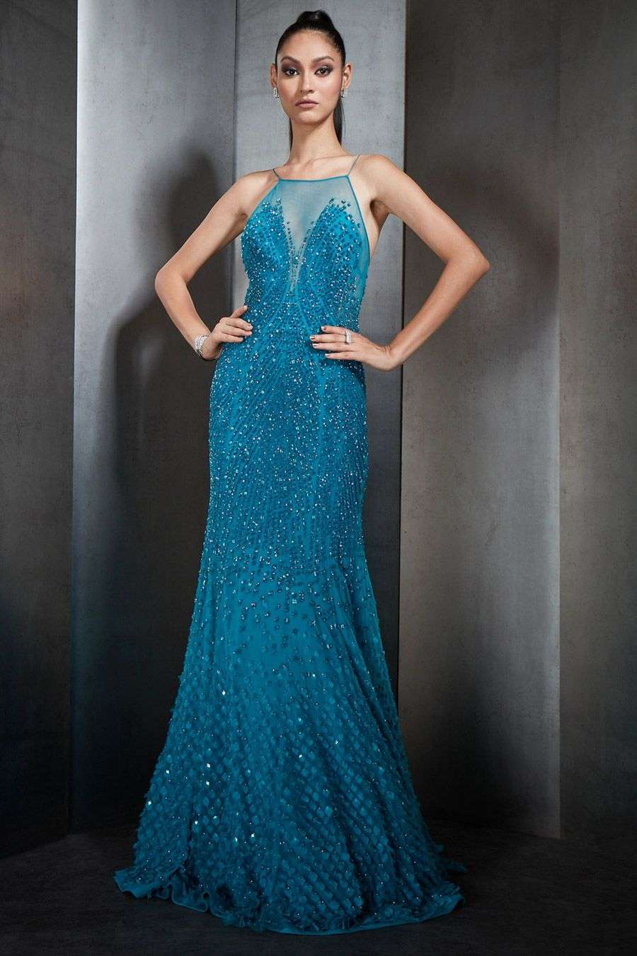 Jade By Ashima Draped Fish-cut Gown | Blue, Italian Georgette, Asymmetric,  Sleeveless | Fish cut gown, Ladies gown, Fashion