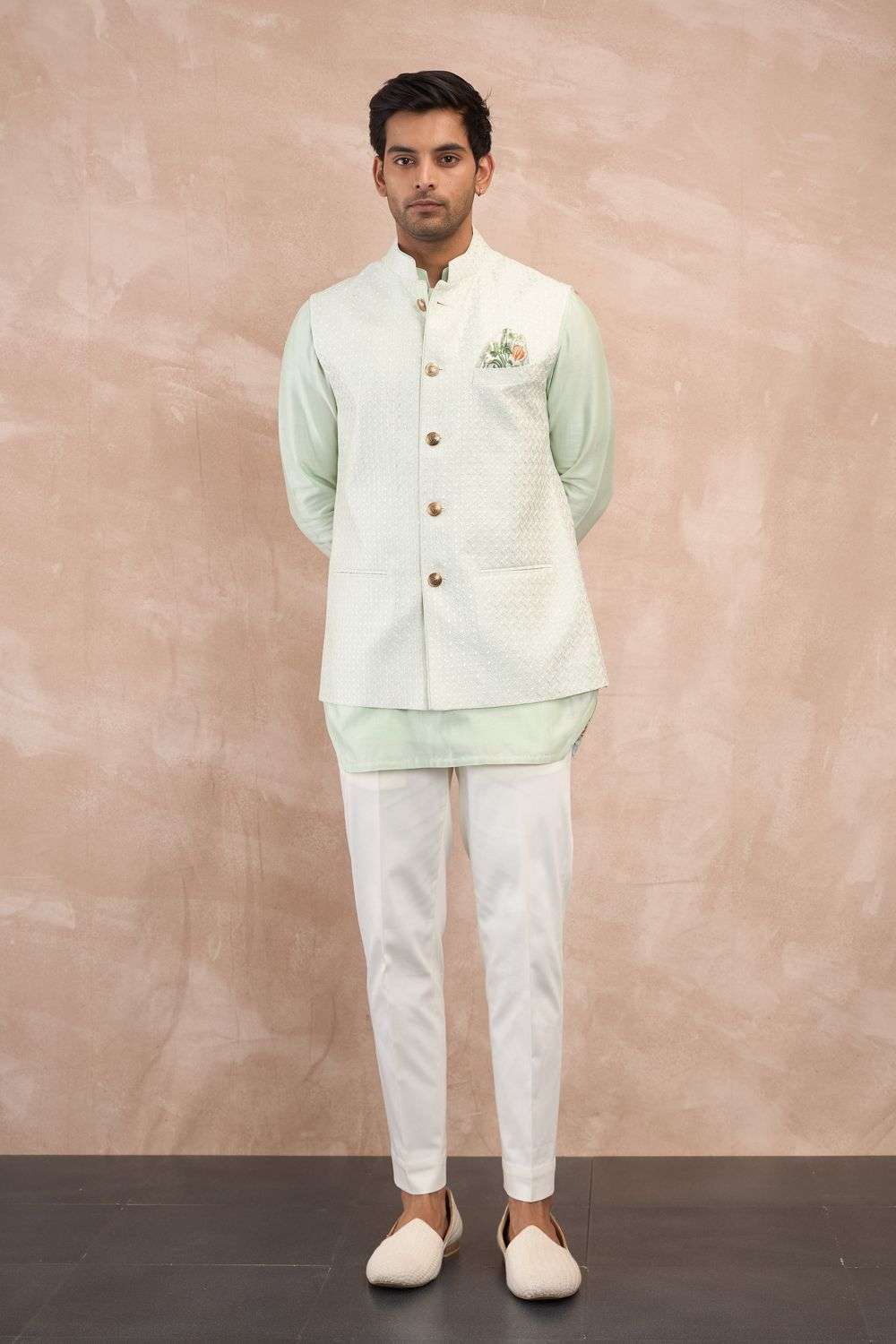 Mint Green Chanderi Inara Motif Nehru Jacket Set