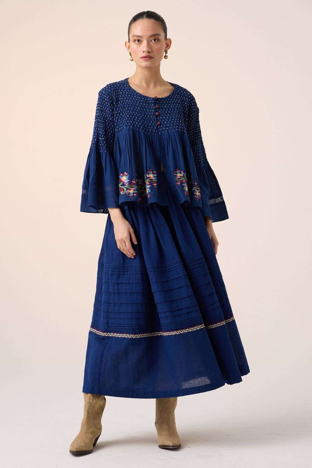 yilon RIB ENSEMBLE BUTTON TOPS CORD Blue Cotton Louie Top With  