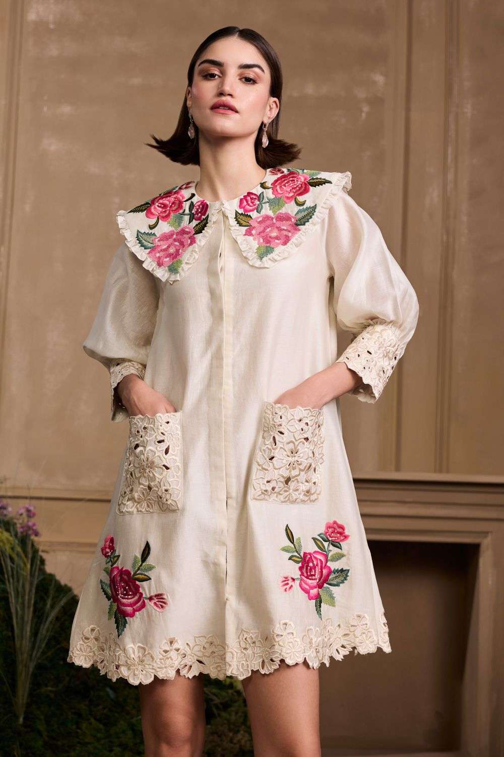 Buy Ivory Chanderi Embroidered Rose Short Dress -Designer Wear