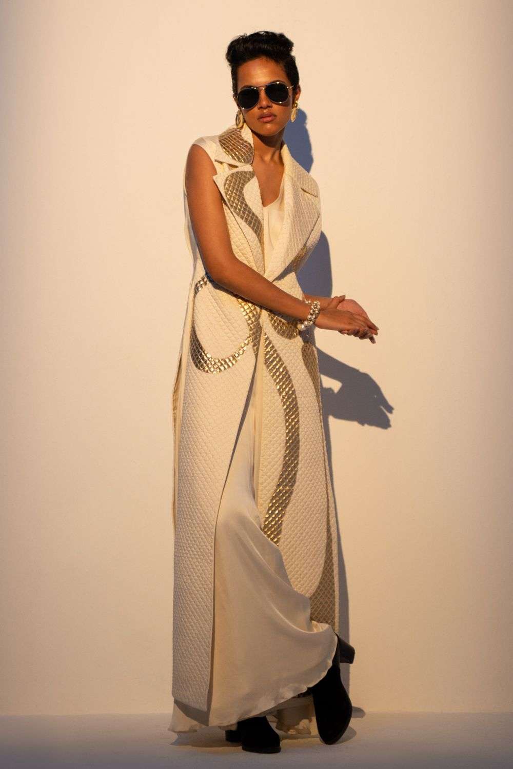 Beige gold quilted jacket jumpsuit set