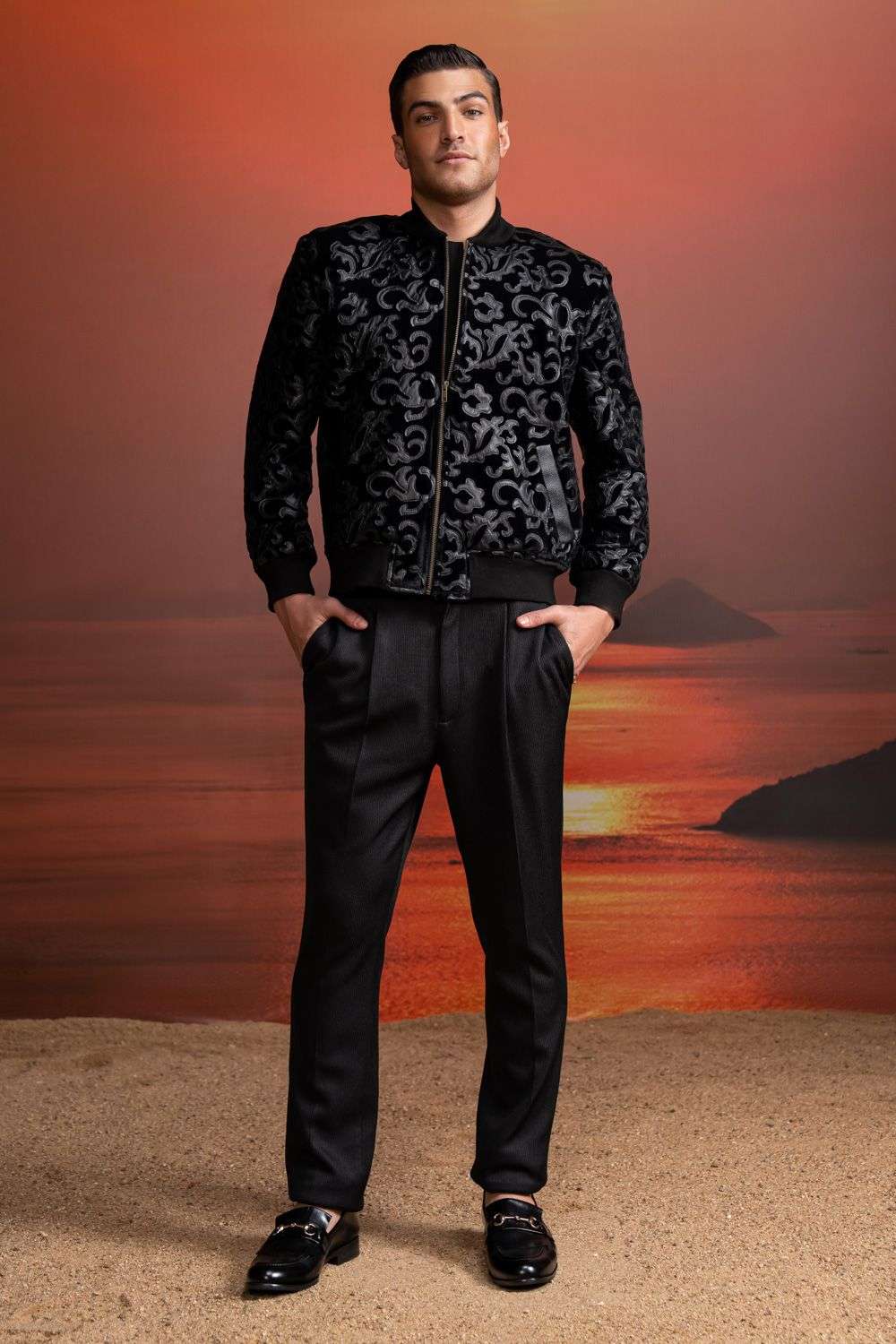 Buy Nikita Mhaisalkar Men Soft Black Applique Velvet Outer Wear