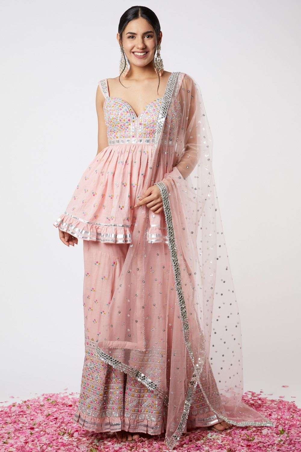 Buy Gopi Vaid Soft Pink Peplum, sharara- cotton silk, dupatta- net