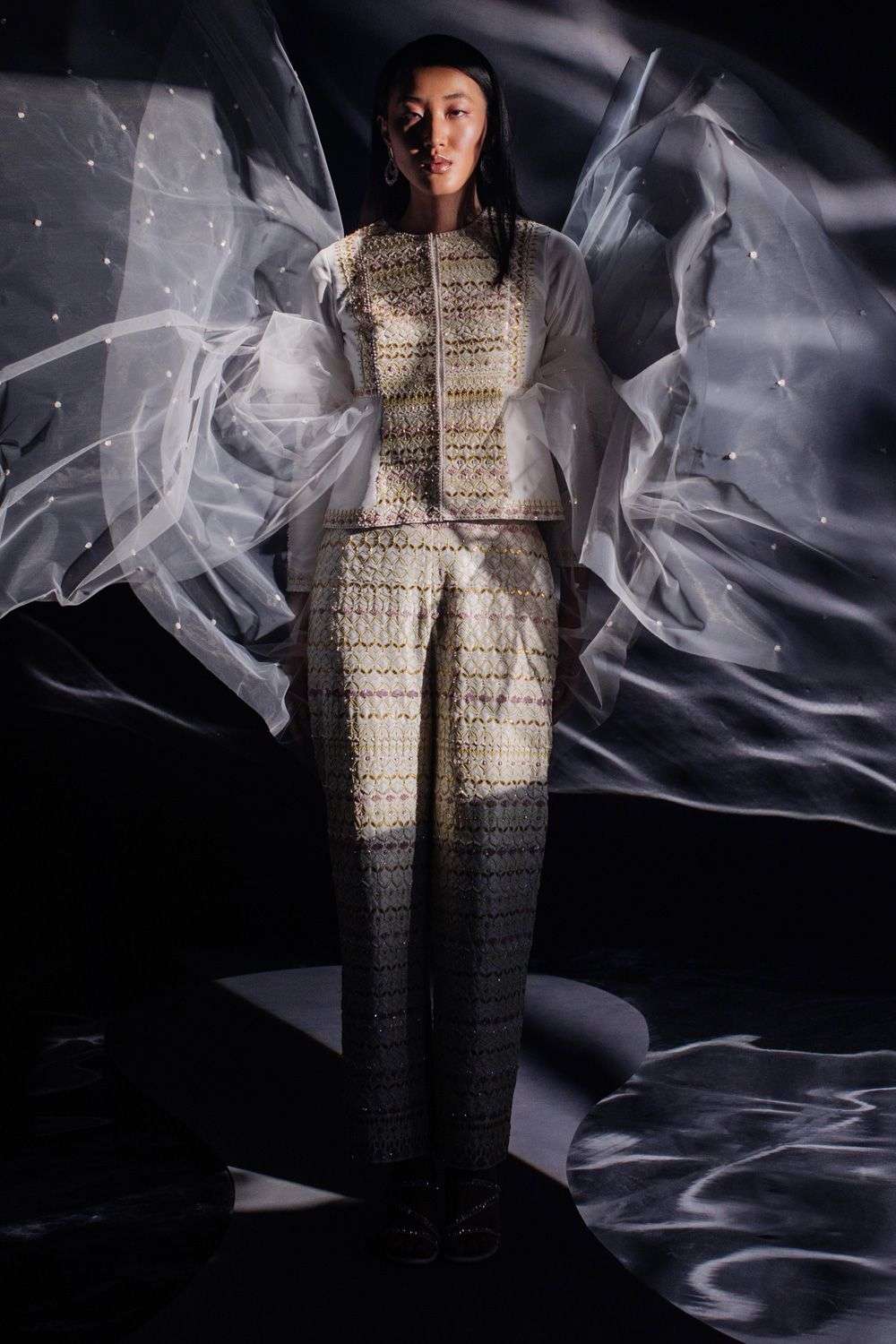 Buy MADZIN Soft White BUTTERFLY NET, DUPION SILK, Jacket Sets